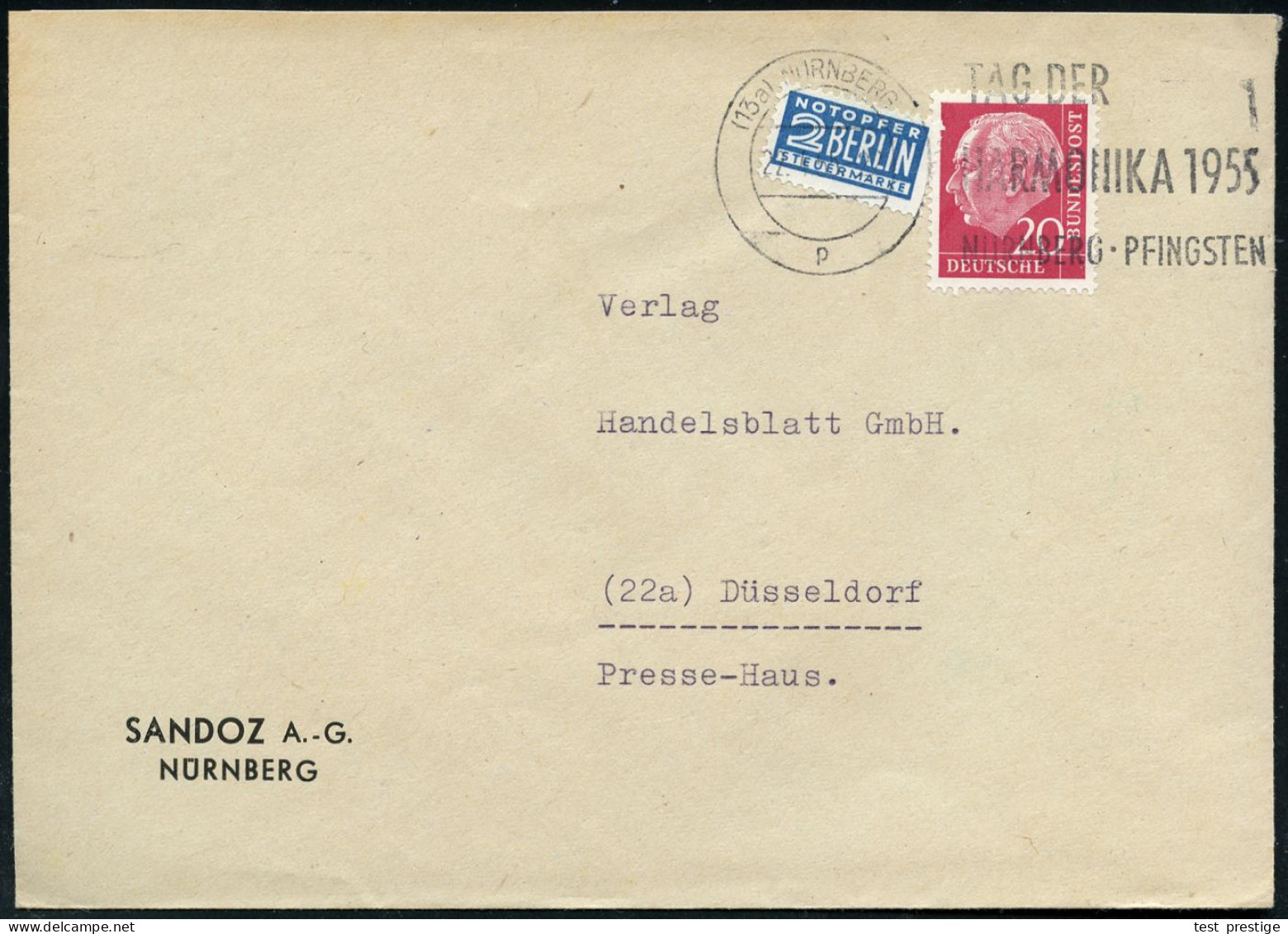 (13a) NÜRNBERG 2/ P/ TAG DER/ HARMONIKA 1955 (22.4.) MWSt, UB "p" , Klar Gest. Inl.-Bf. (Bo.119 B III) - AKKORDEON / HAR - Music