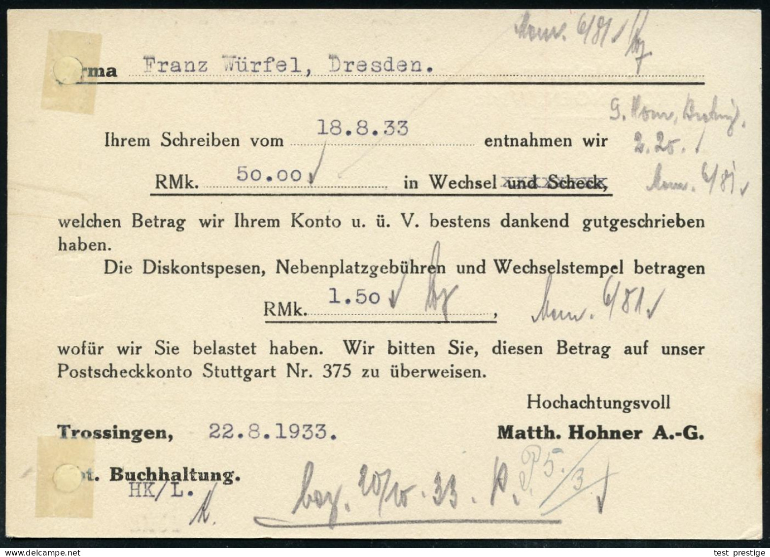 TROSSINGEN/ (Württ.)/ HOHNER/ DIE/ WELTMARKE 1933 (Aug.) AFS Francotyp = Mundharmonika , Firmen-Kt. (Reg.-Lochung Geschl - Musik