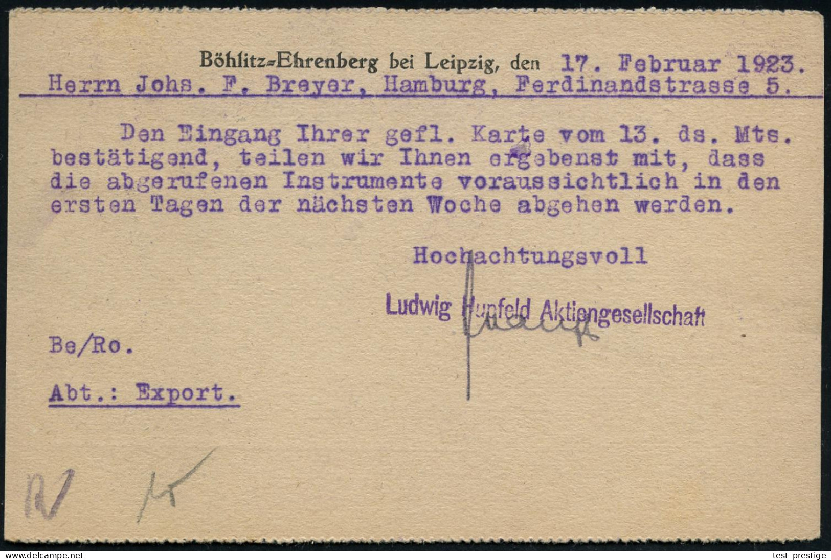 BÖHLITZ-/ EHRENBERG/ A 1923 (17.2.) 1K-Brücke Mehrfach Auf 6x 3 Mk. Posthorn, Rot (Rollenmarken) Mit Firmen-Lochung "L.  - Música