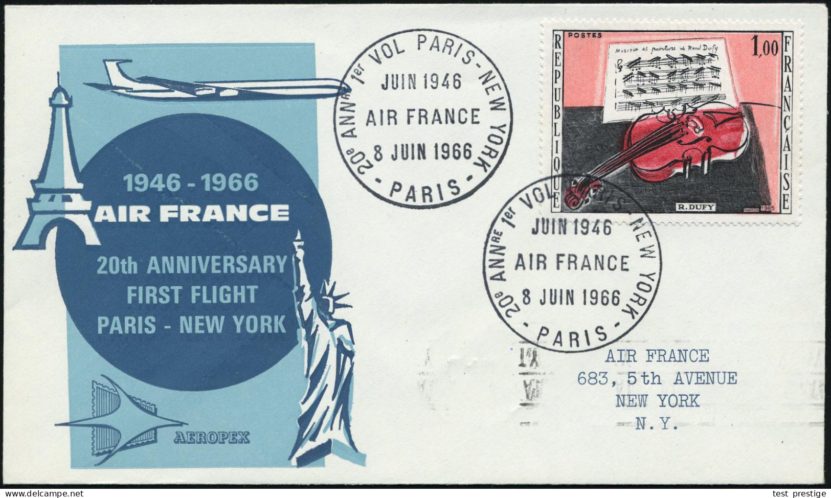 FRANKREICH 1966 (8.6.) 1,00 F. "Die Rote Violine", EF (von Raoul Dufy) + SSt.: PARIS/AIR FRANCE/20a ANN. 1er VOL PARIS - - Música