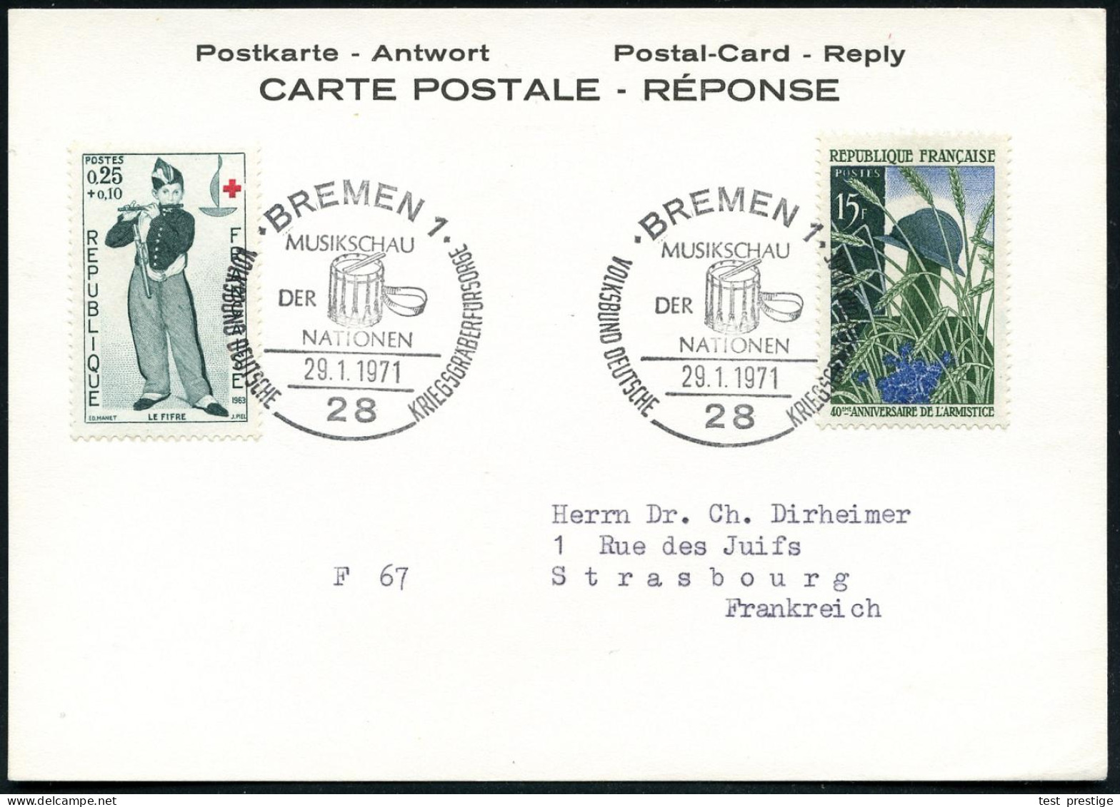 28 BREMEN 1/ MUSIKSCHAU/ DER/ NATIONEN/ VOLKSBUND DT.KRIEGSGRÄBERFÜRSORGE 1971 (29.1.) SSt = Landsknecht-Trommel Klar Au - Musik