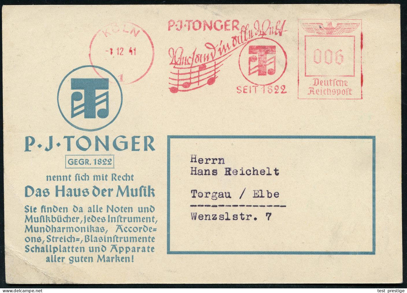 KÖLN/ 1/ P.J.TONGER/ Versand In Alle Welt/ SEIT 1822 1941 (1.12.) AFS Francotyp, Text Teils Sütterlin = Notenzeile (u. N - Musik