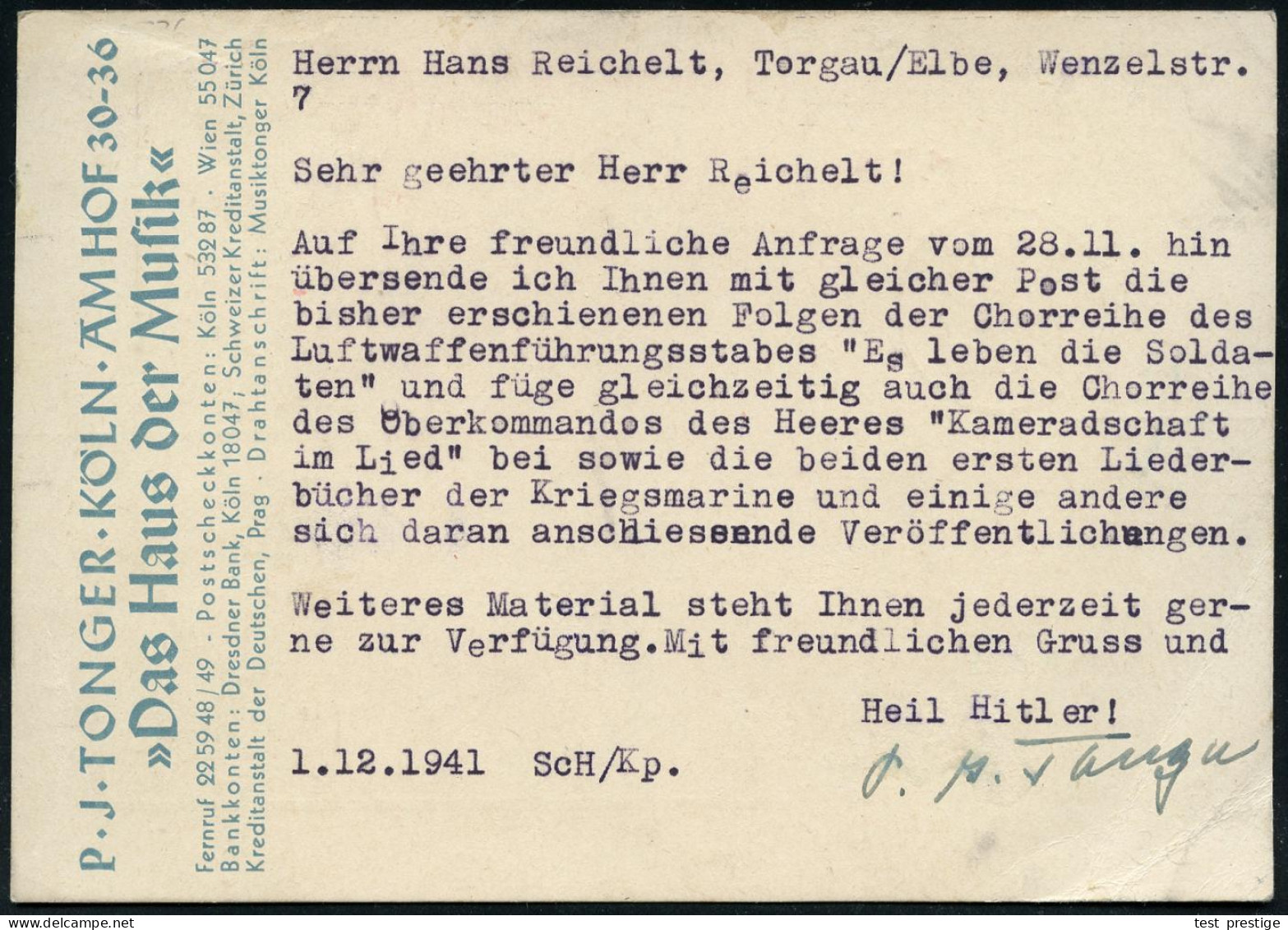 KÖLN/ 1/ P.J.TONGER/ Versand In Alle Welt/ SEIT 1822 1941 (1.12.) AFS Francotyp, Text Teils Sütterlin = Notenzeile (u. N - Musik