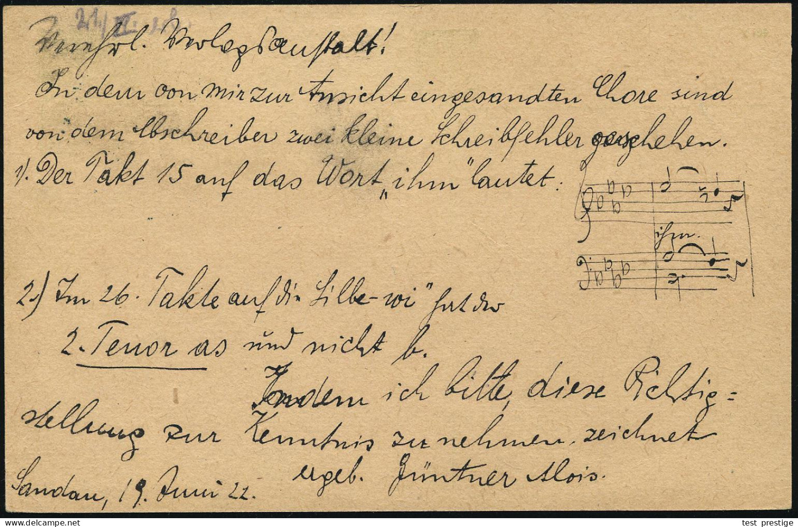 TSCHECHOSLOWAKEI 1922 (19.6.) Inl.-P 50 H. Kettensprengerin + Zusatzfrankat., 2K: BUDWEIS - EGER.. , Interss. Text M. 2  - Música