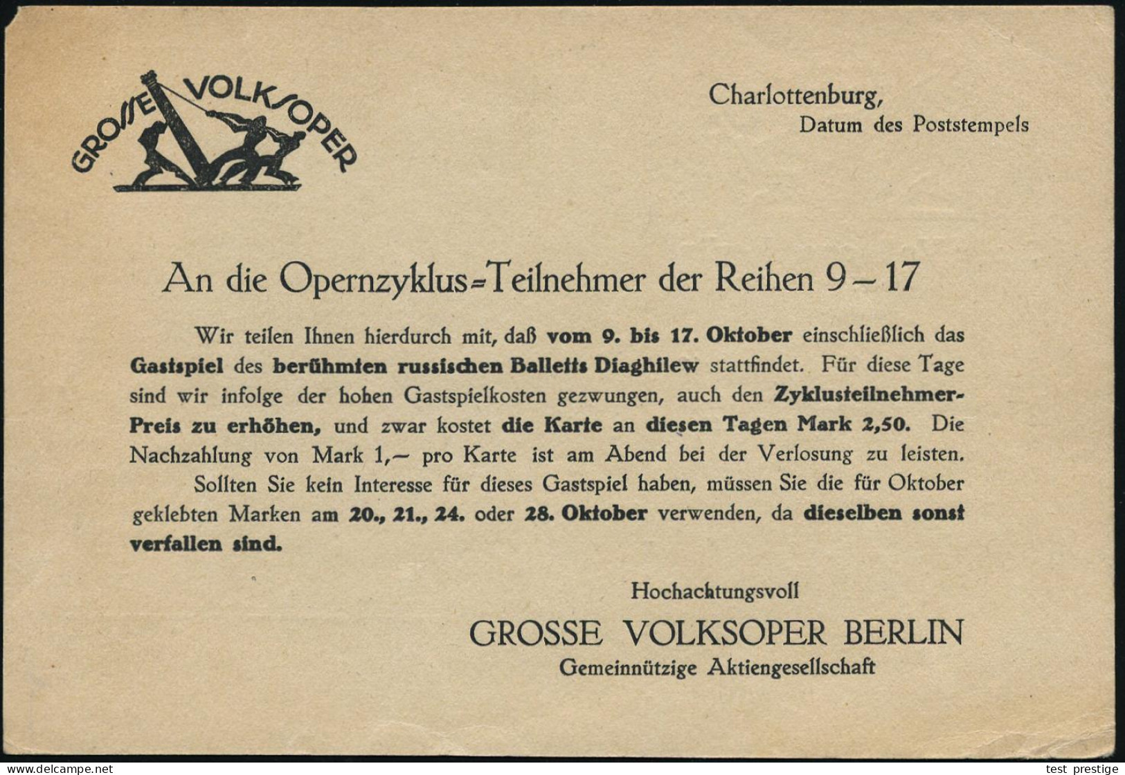 Berlin-Charlottenbg. 1924 (7.10.) Illustrierte Vordr.-Kt.: GROSSE VOLKSOPER.. Russisches Ballet Diaghilev = Gastspiel-An - Baile