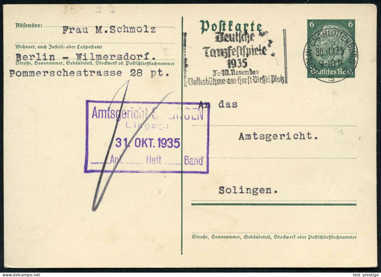 BERLIN-CHARLOTTENBURG 2/ S/ Deutsche/ Tanzfestspiele/ ..3.-10.Nov. 1935 (Okt.) MWSt , Klar Gest. Inl.-Karte (Bo.174 A I  - Baile