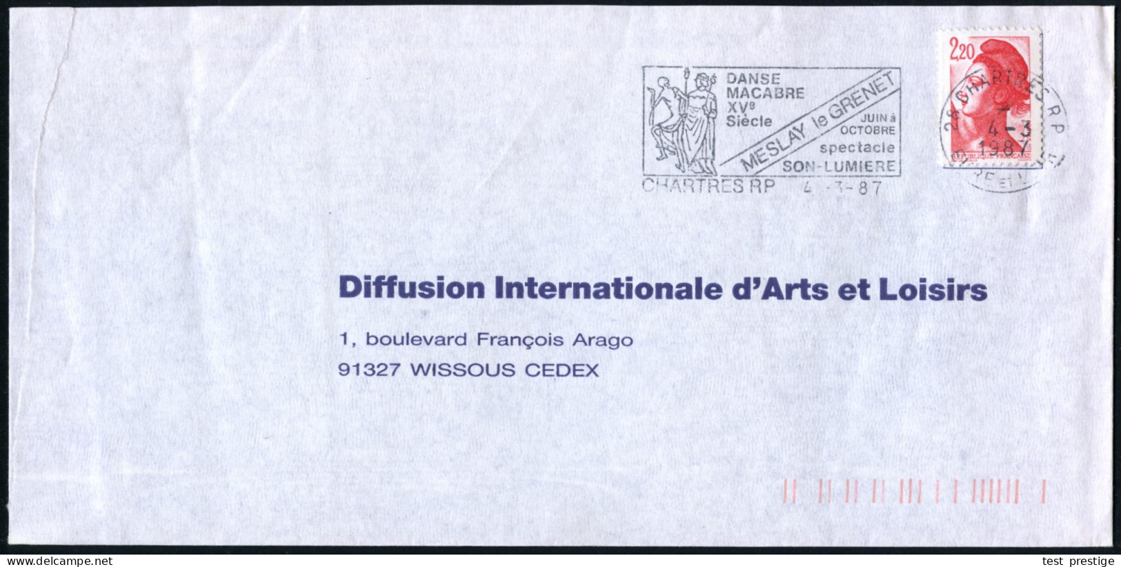 FRANKREICH 1987 (4.3.) MWSt.: 28 CHARTRES RP/DANSE/MACABRE/XVe/Siècle.. =  T O T E N  Tanz (König U. Tod) Bedarfs-Bf. -  - Tanz