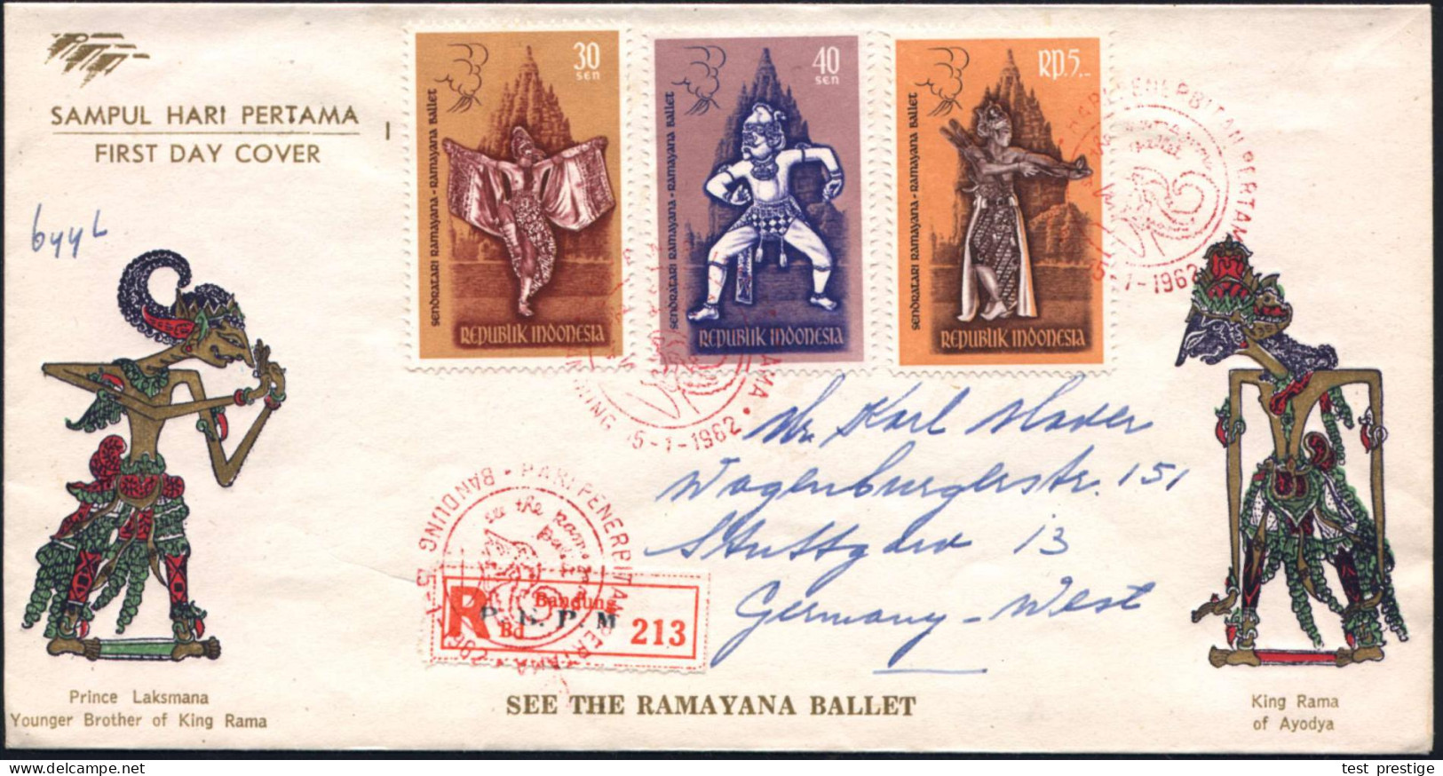 INDONESIEN 1962 (15.1.) Ramayana-Ballett, Kompl.Satz = Tänzerinnen + Mehrfach Roter SSt: BANDUNG + Stummer RZ: P. B. P.  - Dance