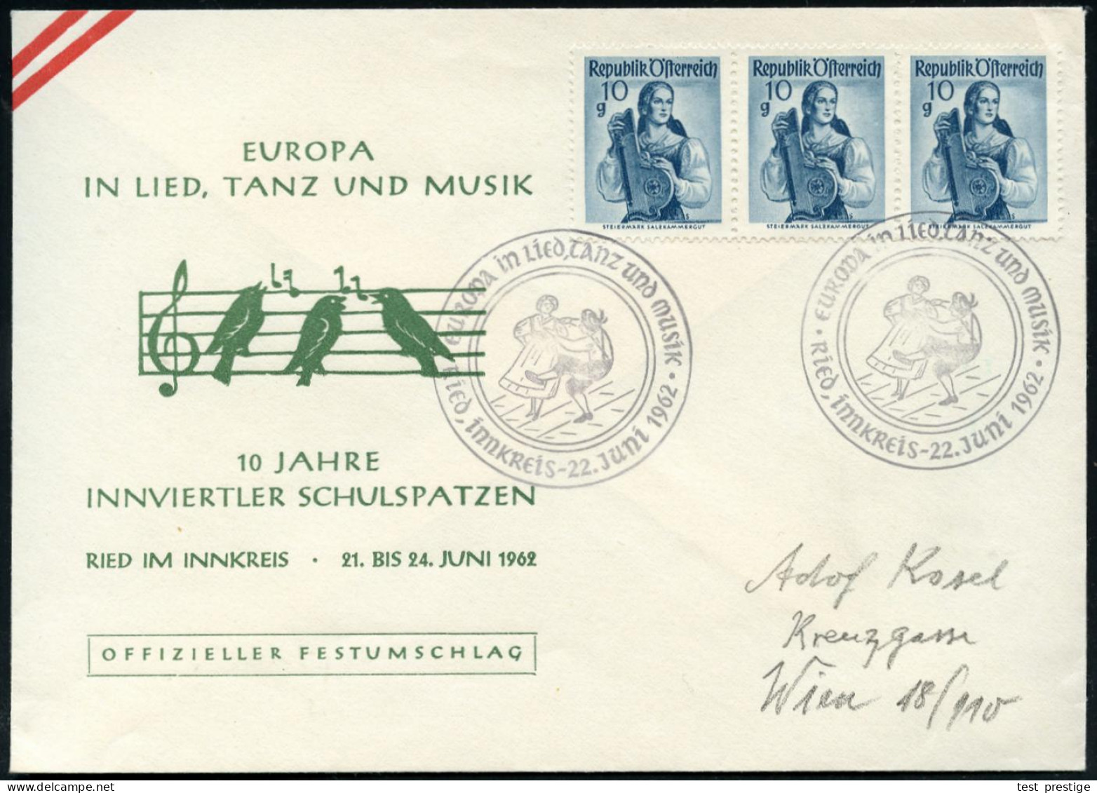 ÖSTERREICH 1962 (22.6.) SSt.: Ried, Innkreis/Europa In Lied, Tanz U. Musik = Trachten-Tanzpaar 2x Auf Inl.-SU.: 10 JAHRE - Dance