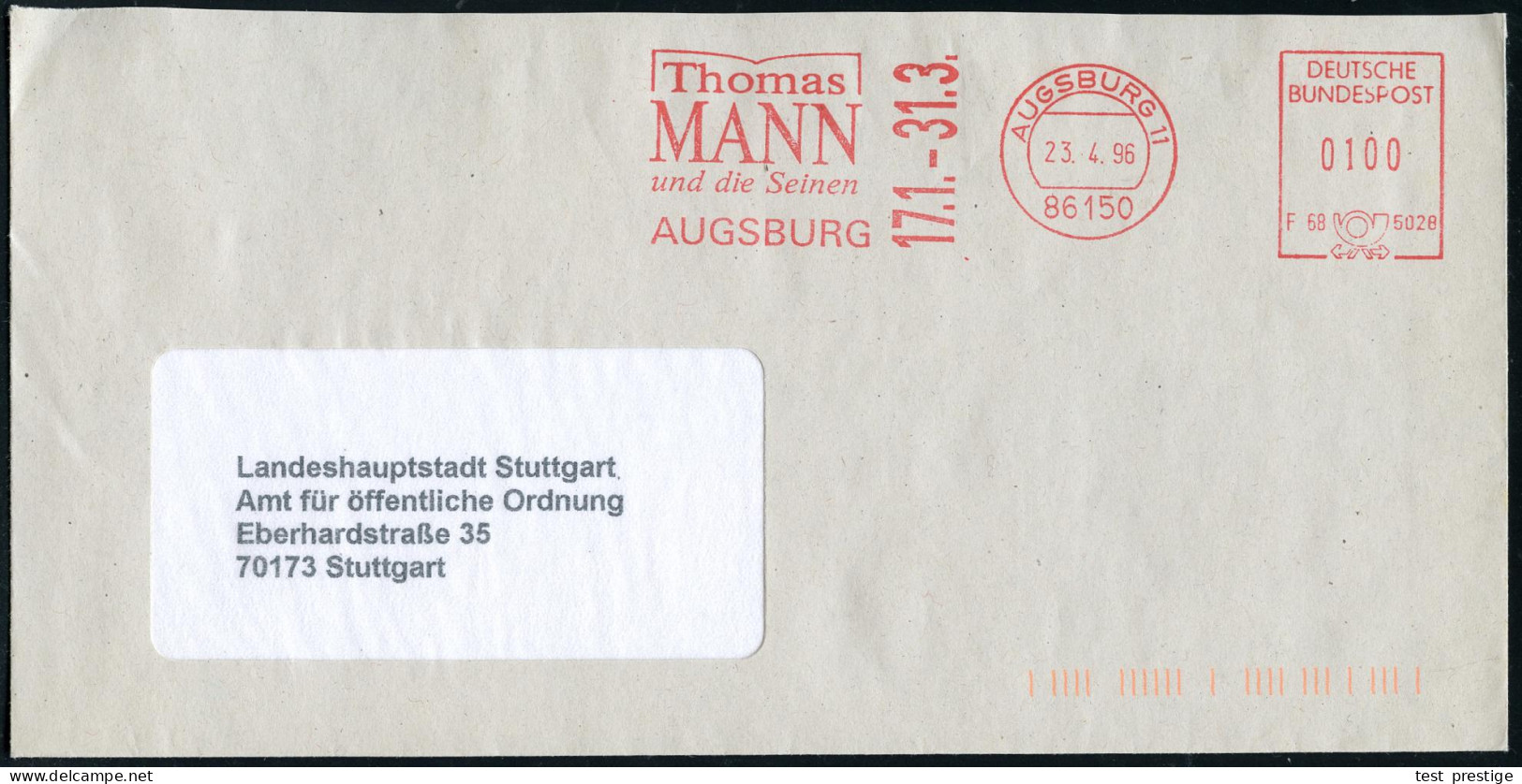 86156 AUGSBURG 11/ Thomas/ MANN/ Und Die Seinen/ 17.1.-31.3. 1996 (23.4.) AFS Postalia Mit Kennung , Klar Gest. Kommunal - Nobel Prize Laureates