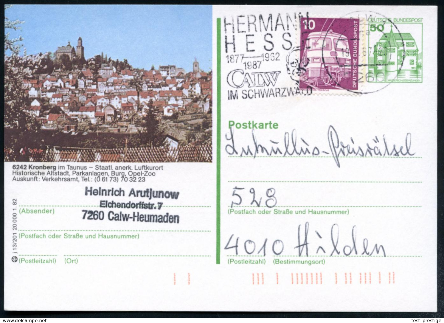 7260 CALW 1/ Ma/ HERMANN/ HESSE/ 1877-1962.. 1987 (19.6.) MWSt = Kopfbild H. Hesse = 110. Geburtstag , Literatur-Nobelpr - Nobel Prize Laureates