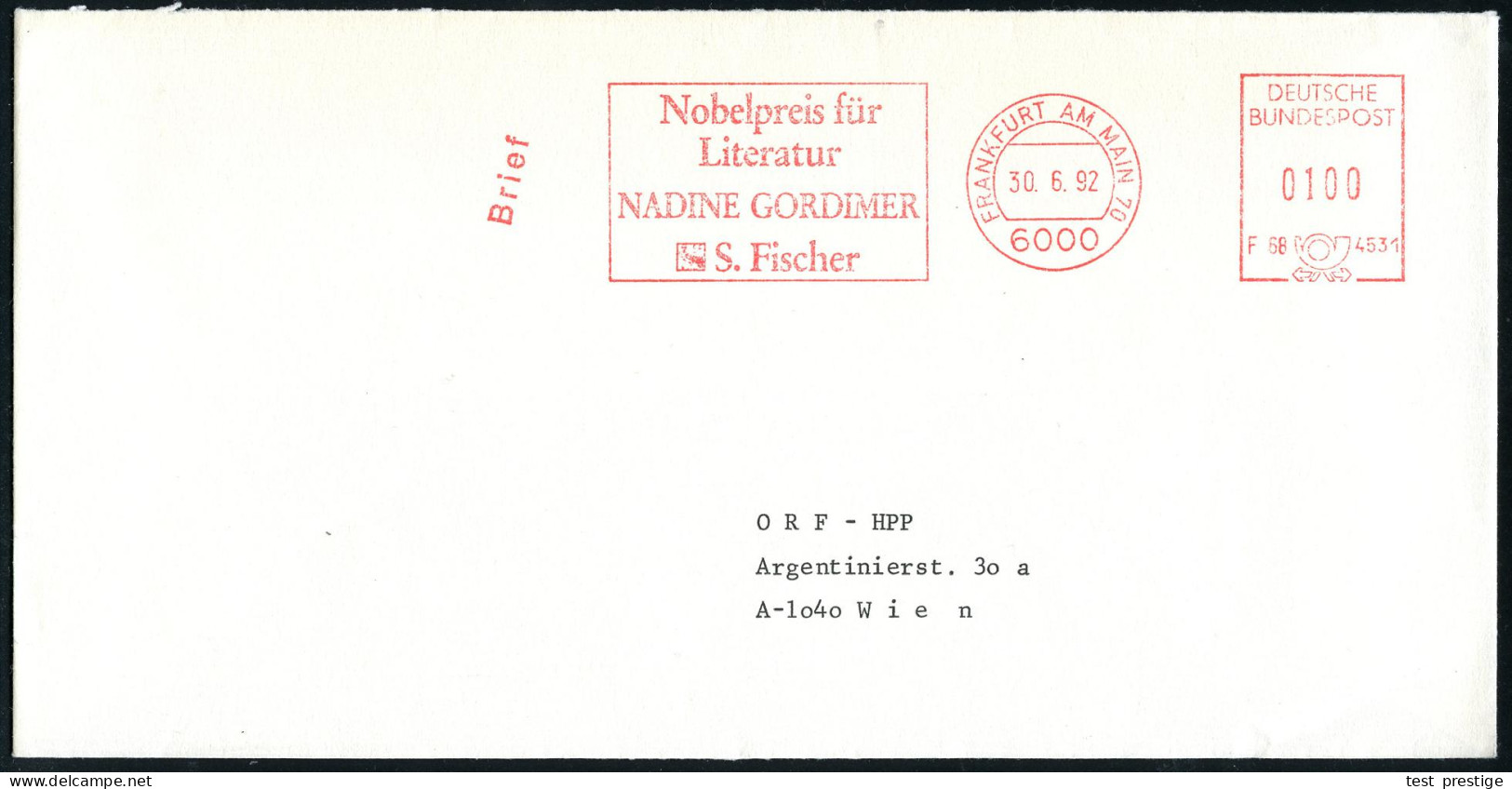 6000 FRANKFURT AM MAIN 70/ Nobelpreis Für/ Literatur/ NADINE GORDIMER/ S.Fischer 1992 (30.6.) AFS Postalia Mit Kennung + - Prix Nobel