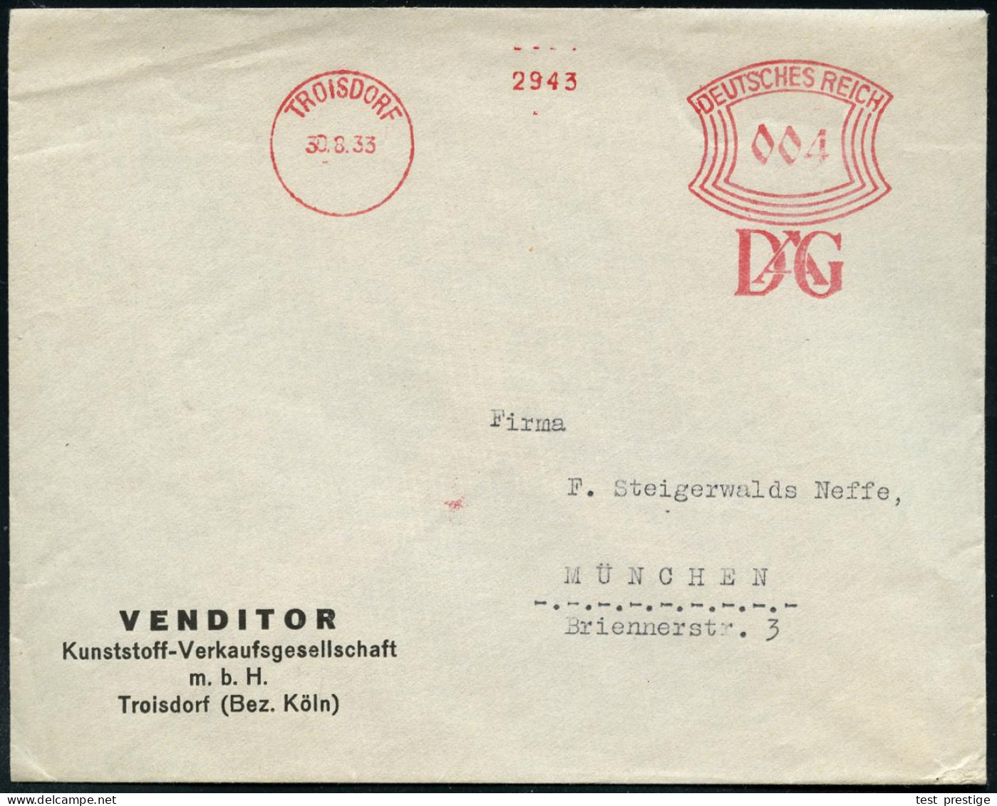 TROISDORF/ DAG 1933 (30.8.) AFS Francotyp "Bogenrechteck" = D(ynamit Nobel) A.G. , Inl.-Firmen-Bf.: VENDITOR, Kunststoff - Premio Nobel