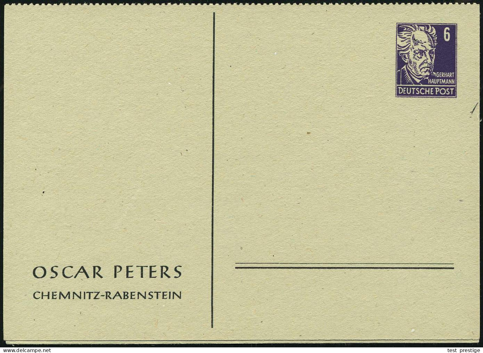 D.D.R. 1952 PP 6 Pf. + 6 Pf. Gerh. Hauptmann = Literatur-Nobelpreis 1912 , Viol., Oben  G E Z ä H N T : OSCAR PETERS (Dr - Nobelpreisträger