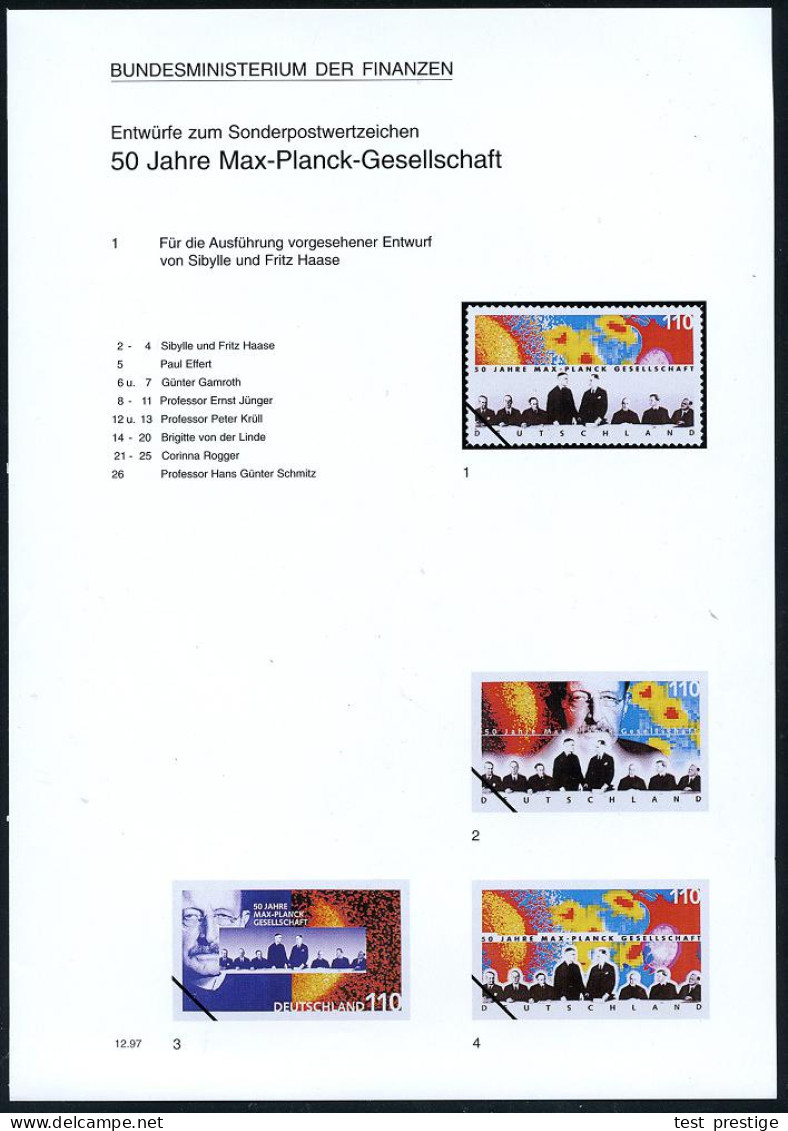B.R.D. 1997 (Dez.) 110 Pf. "50 Jahre Max-Planck-Gesellschaft", 26 Verschied. Color-Entwürfe Der Bundesdruckerei Auf 5 En - Nobel Prize Laureates