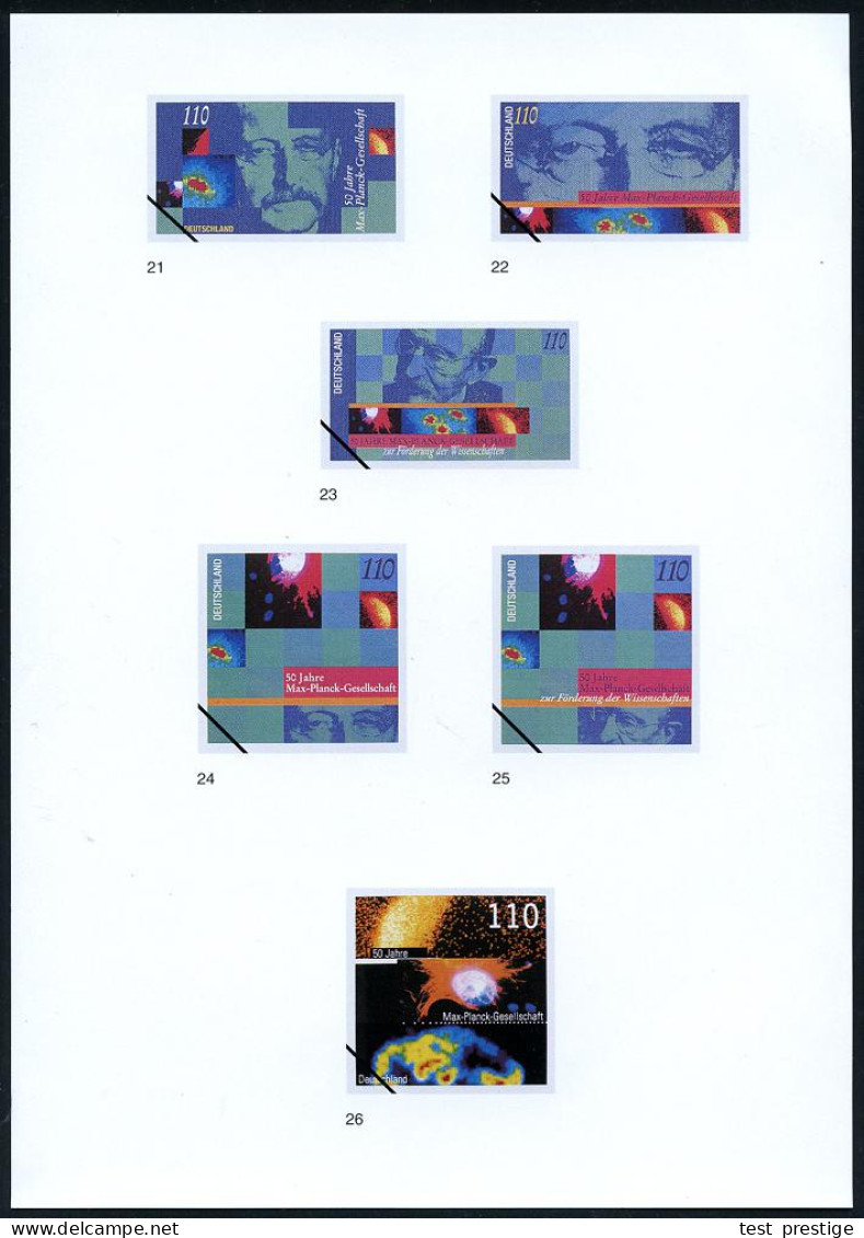 B.R.D. 1997 (Dez.) 110 Pf. "50 Jahre Max-Planck-Gesellschaft", 26 Verschied. Color-Entwürfe Der Bundesdruckerei Auf 5 En - Nobel Prize Laureates