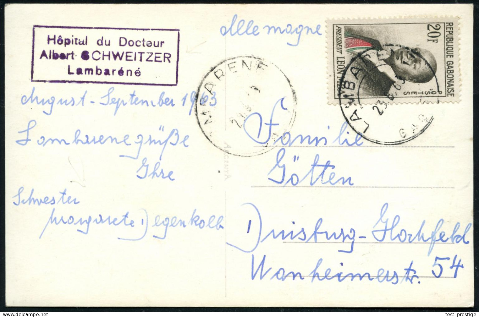 GABUN 1963 (23.8.) 20 F. Leon Mba, EF + Viol. Ra.3: H&ocirc;pital Du Docteur/ Albert SCHWEITZER/ Lambaréné + Hs. Grüße V - Nobel Prize Laureates