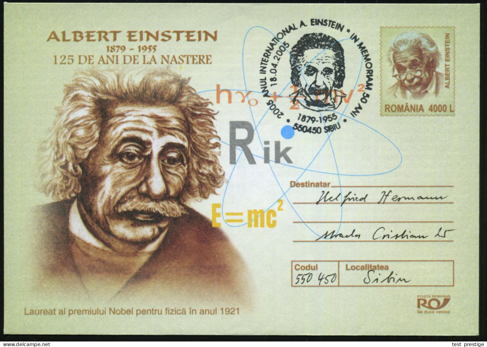 RUMÄNIEN 2005 (18.4.) SSt.: 550450 SIBIU/..ANUL INTERNAT. A. EINSTEIN.. (= Kopfbild Alter Einstein) Auf Sonder-U 4000 L. - Nobel Prize Laureates