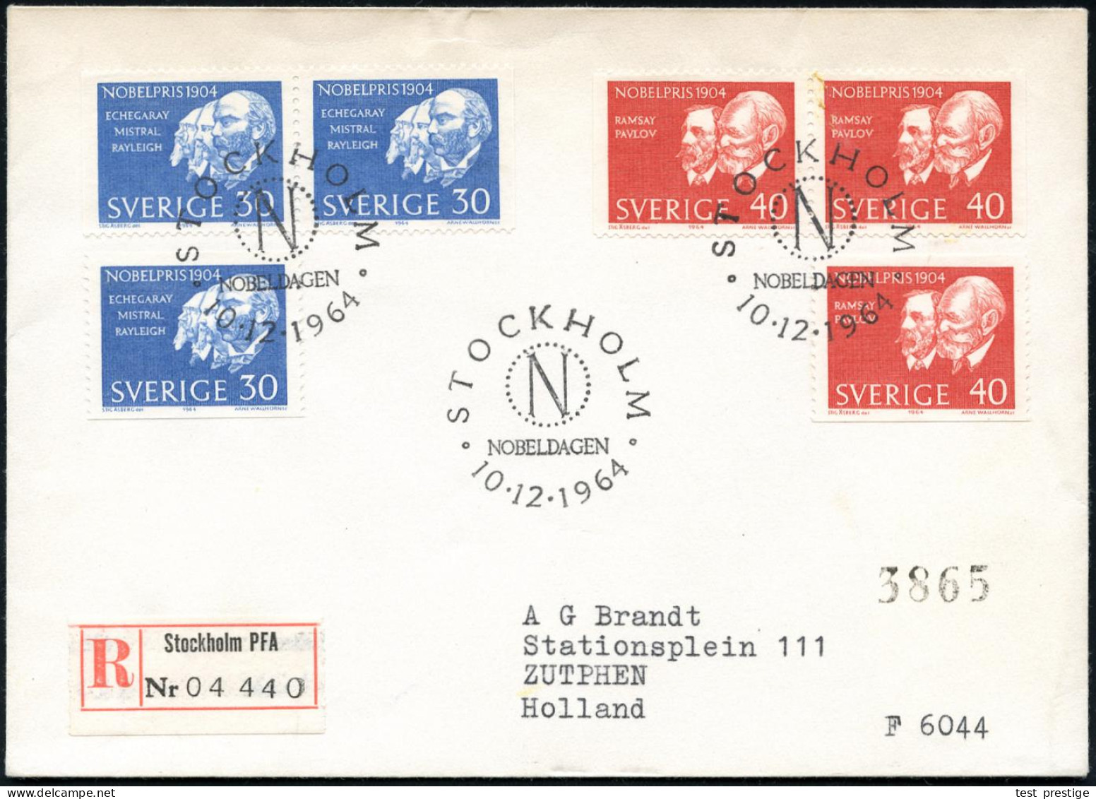 SCHWEDEN 1964 (10.12.) Nobelpreisträger 1904, überkompl. Satz + ET-SSt: STOCKHOLM + RZ: Stockholm P F A, Ausl.-R-FDC  (M - Nobelprijs