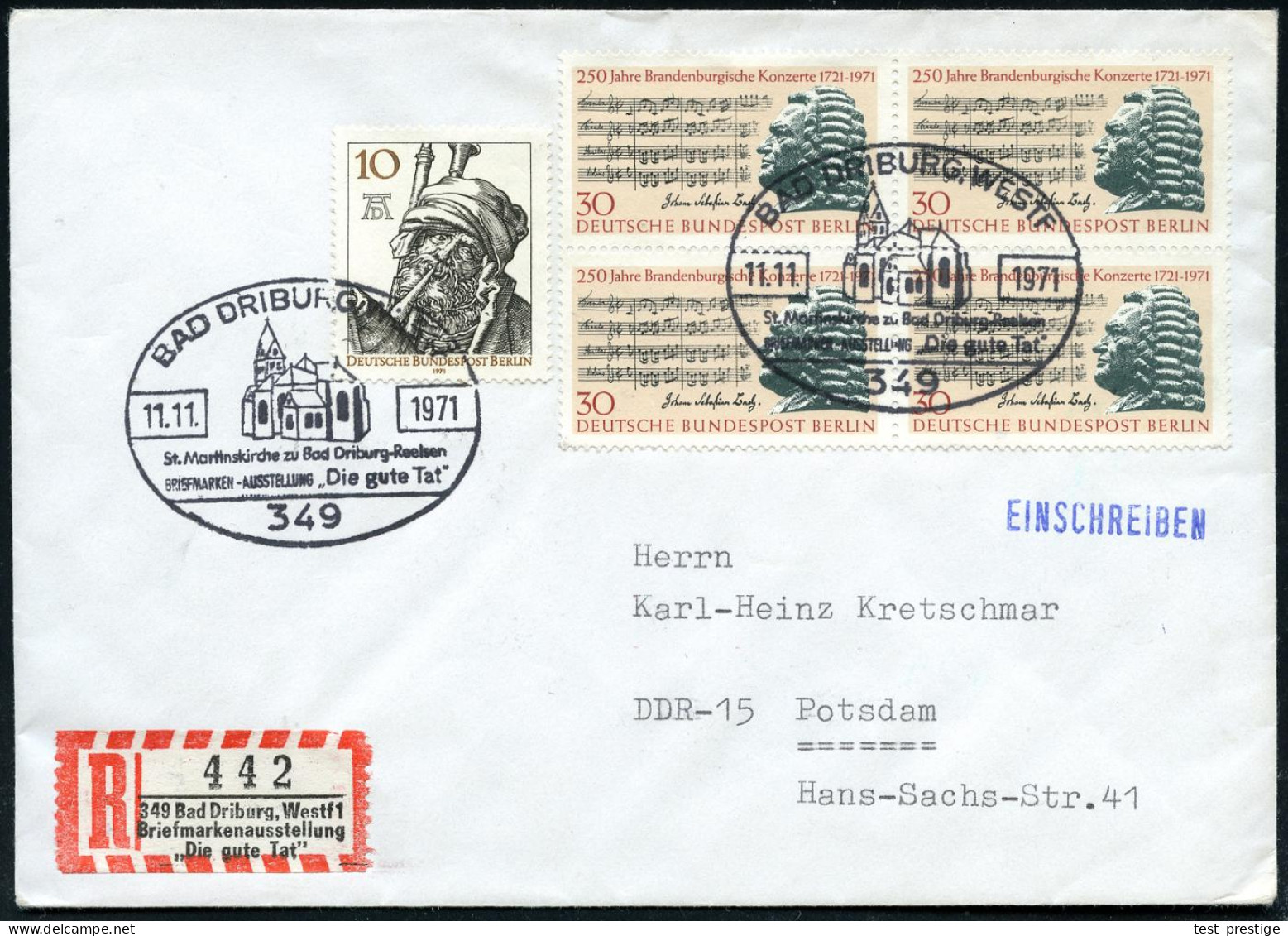 349 BAD DRIBURG,WESTF/ ..BRIEFM.AUSSTELLUNG "Die Gute Tat" 1971 (11.11.) SSt ( = St. Martinskirche) + Sonder-RZ: 349 Bad - Briefe U. Dokumente