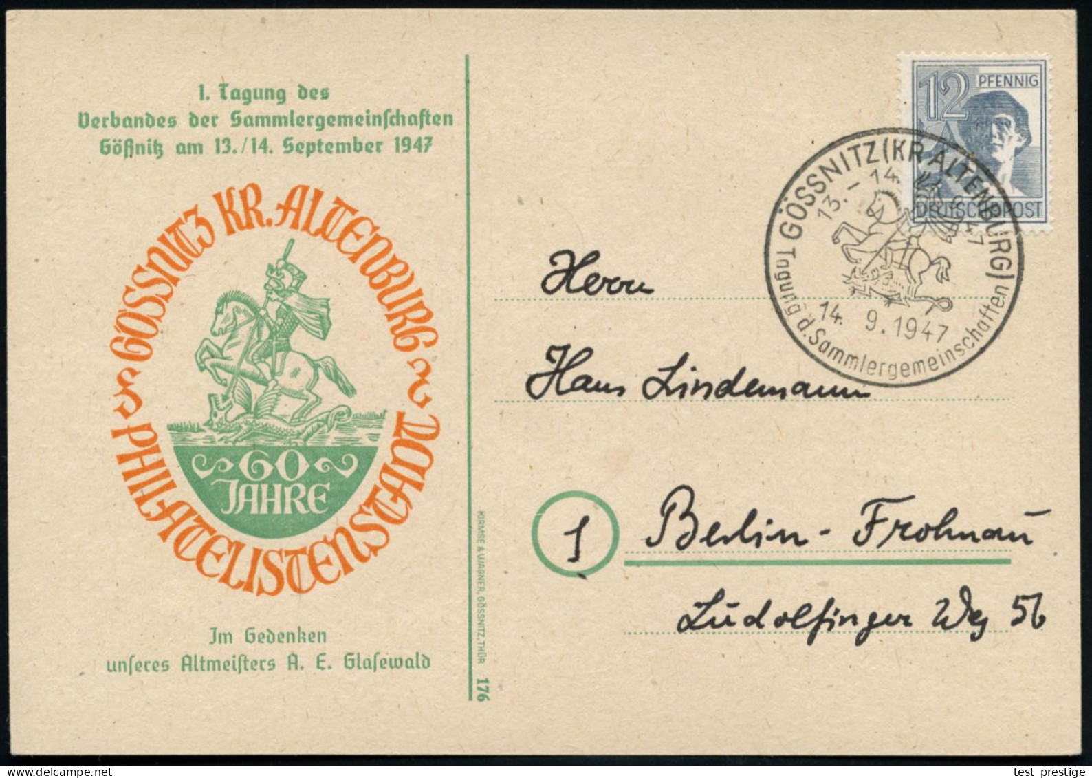 GÖSSNITZ (KR ALTENBURG)/ Tagung D.Sammlergemeinschaften 1947 (14.9.) SSt = St. Georg = Patron Der Pfadfinder Zu Pferd Tö - Cartas & Documentos