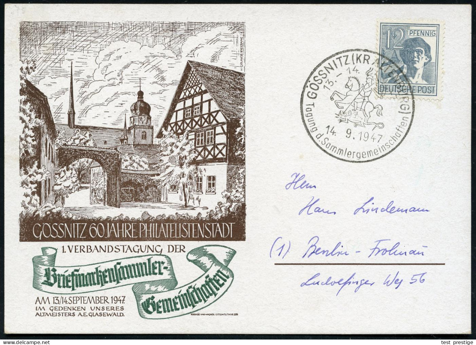 GÖSSNITZ (KR ALTENBURG)/ Tagung D.Sammlergemeinschaften 1947 (14.9.) SSt = St. Georg = Patron Der Pfadfinder Zu Pferd Tö - Covers & Documents