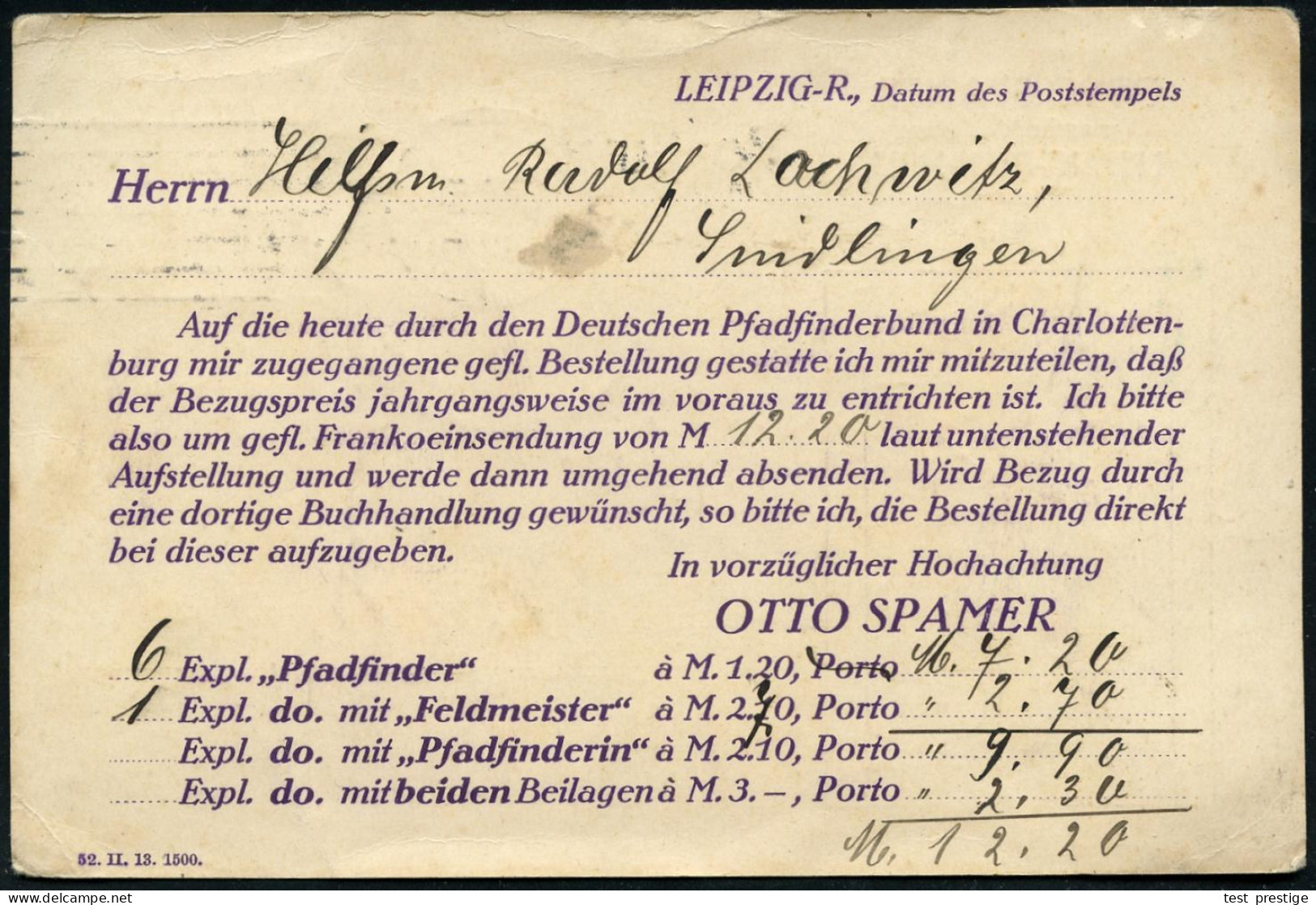 LEIPZIG/ *8* 1916 (29.2.) MaStrich-Stpl. Auf Viol. Firmen-Kt.: OTTO SPAMER, Verlagsbuchhandlung.. "Der Pfadfinder", Juge - Briefe U. Dokumente