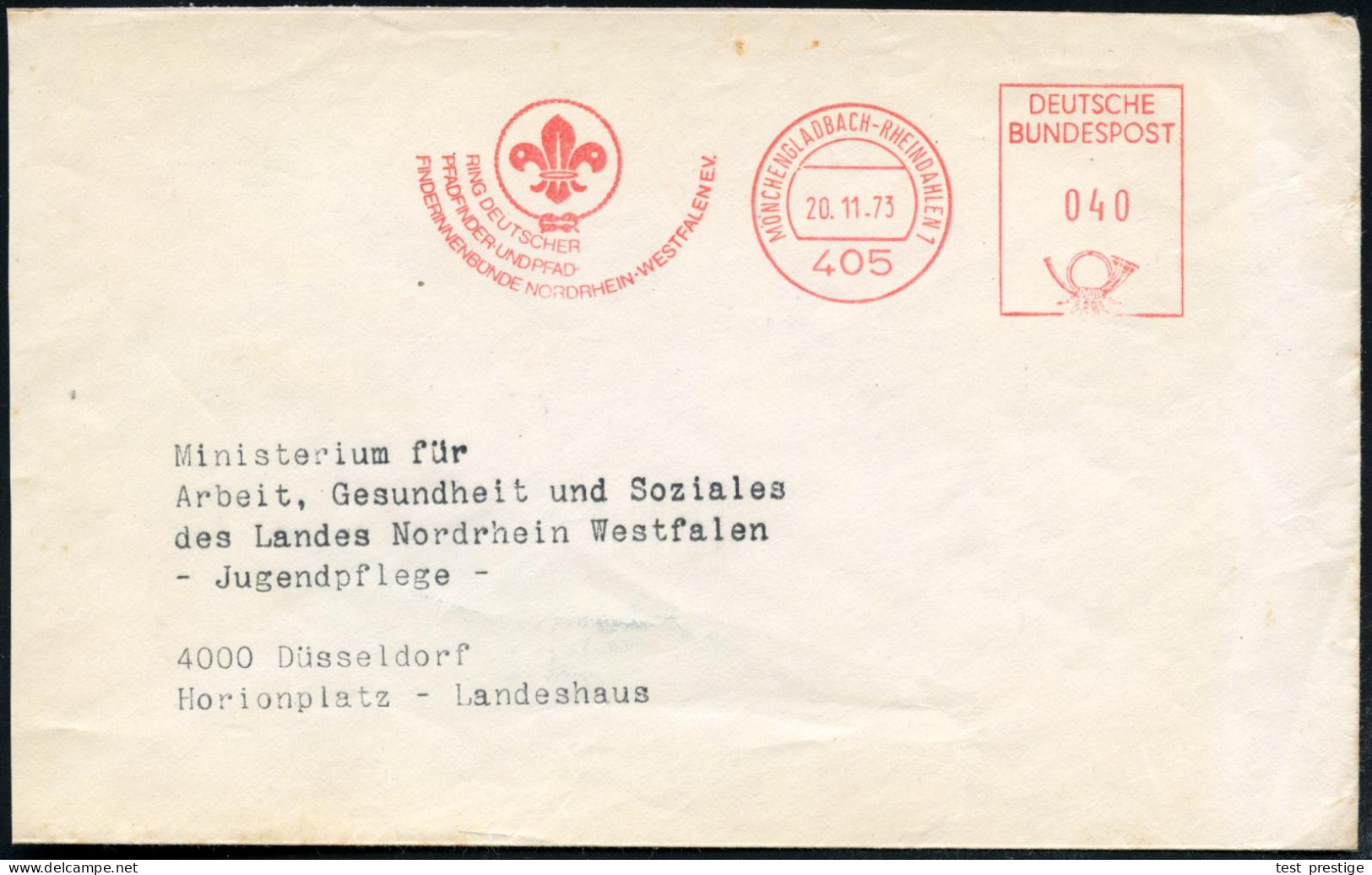 405 MÖNCHZENGLADBACH-RHEINDAHLEN 1/ RING DEUTSCHER/ PFADFINDER.. 1973 (20.11.) AFS Postalia (Lilie) Dienstbf. (links Etw - Briefe U. Dokumente