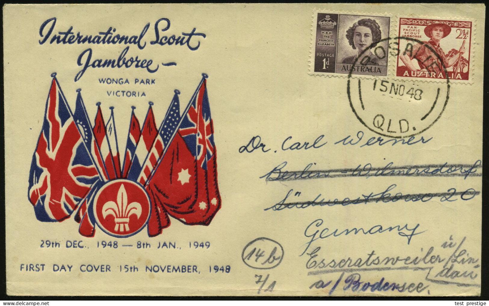 AUSTRALIEN 1948 (15.11.) 2 1/2 P. "Pan-Pacific Scout-Jamboree" U. 1 P. Elizabeth, Nachgesandter Übersee-FDC-SU. (Mi.193  - Briefe U. Dokumente