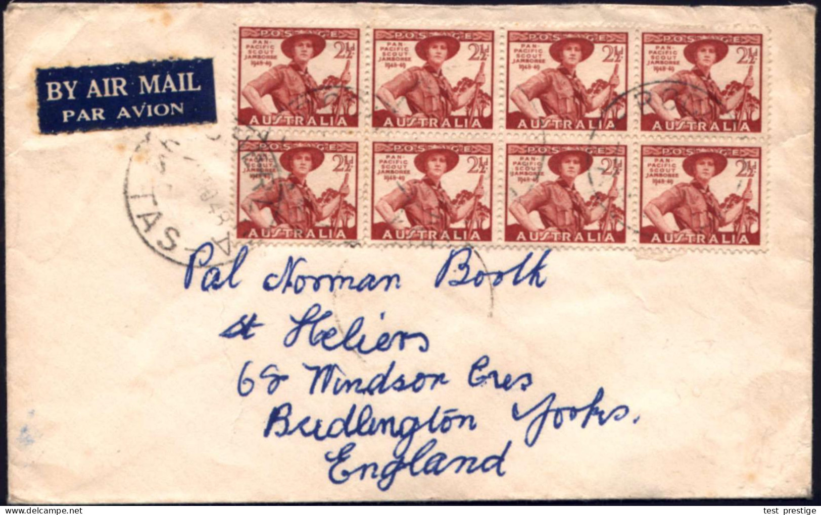 AUSTRALIEN 1948 (Nov.) 2 1/2 P. "Pan-Pacific-Jamboree", Reine MeF: 8er-Block , Sauber Gest. Übersee-Flp.-Bf.  (Mi.193 Me - Covers & Documents