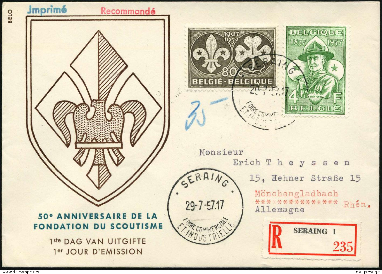 BELGIEN 1957 (29.7.) "50 Jahre Scout-Bewegung", überkompl. Satz (1x 80 C. Rs. U.a.) ET-St + RZ: SERAING 1, Ausl.-R-FDC-S - Lettres & Documents