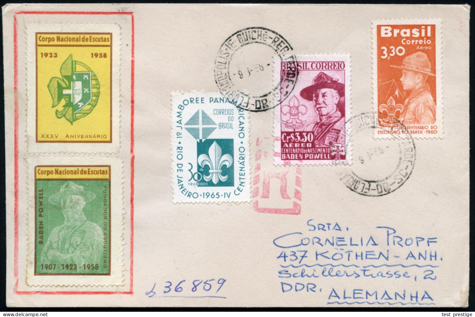 BRASILIEN 1966 (9.8.) 3 Verschiedene Scout-Marken, Dabei Baden-Powell + 2 Jubil.-Vignetten: Corpo Nacional De Escutas (1 - Briefe U. Dokumente