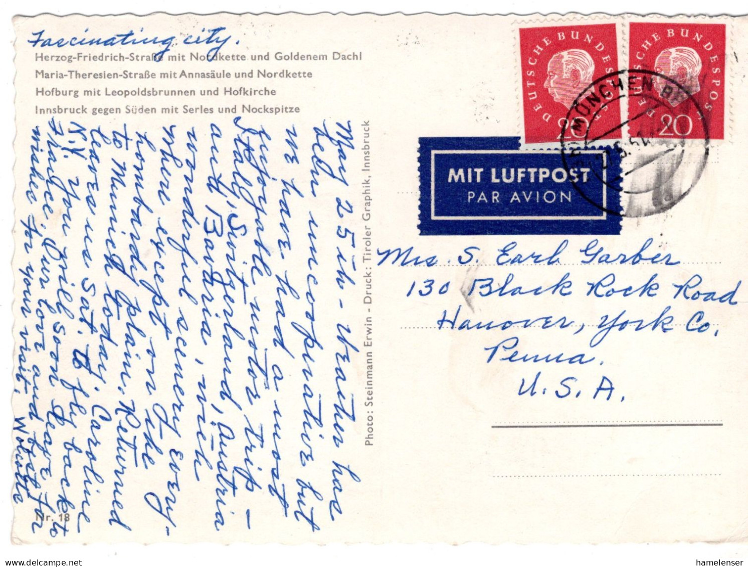 69787 - Bund - 1961 - 2@20Pfg Heuss III A LpAnsKte MUENCHEN -> Hanover, PA (USA) - Briefe U. Dokumente