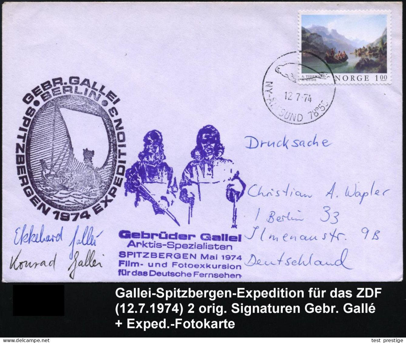 NORWEGEN /  BRD 1974 (12.7.) Expeditions-Bf.: Spitzbergen-Expedition Gebr. Gallei 1974 (für Das Deutsche Fernsehen) HWSt - Expediciones árticas