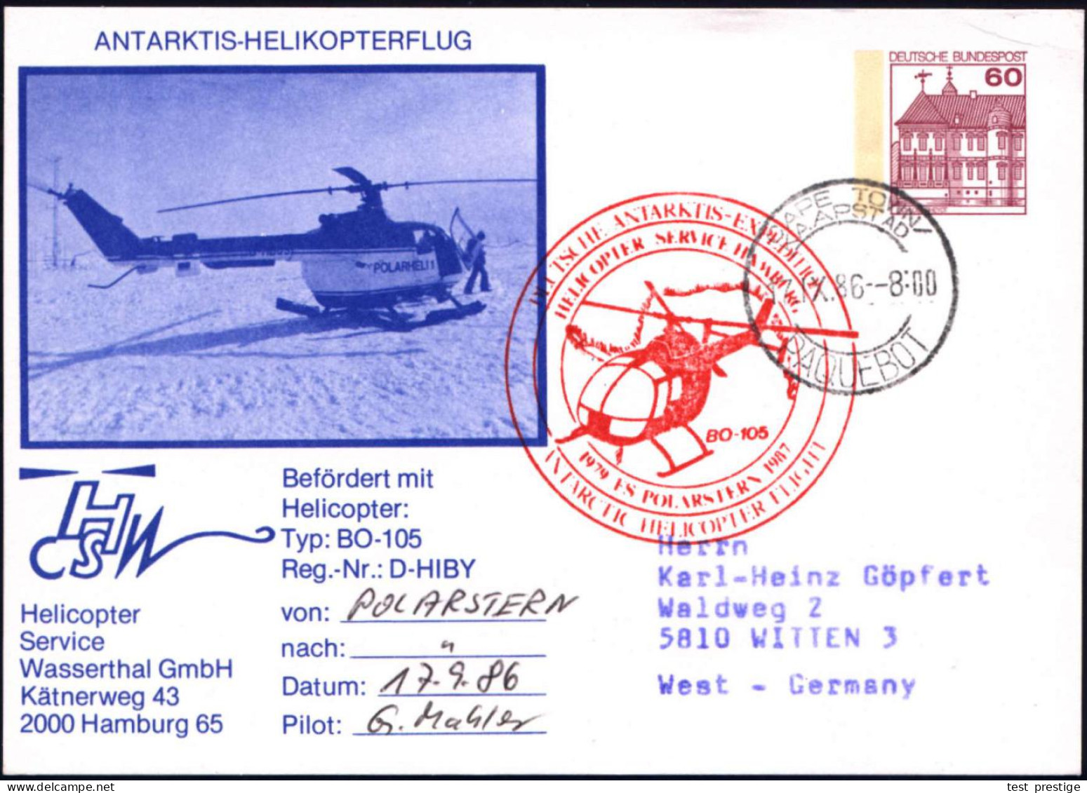 B.R.D. /  SÜDAFRIKA 1986 (17.9.) PP 60 Pf. Burgen: ANTARKTIS-HELIKOPTERFLUG (Helikopter) + Roter Heli-HdN + Hs. Flugnach - Expediciones Antárticas
