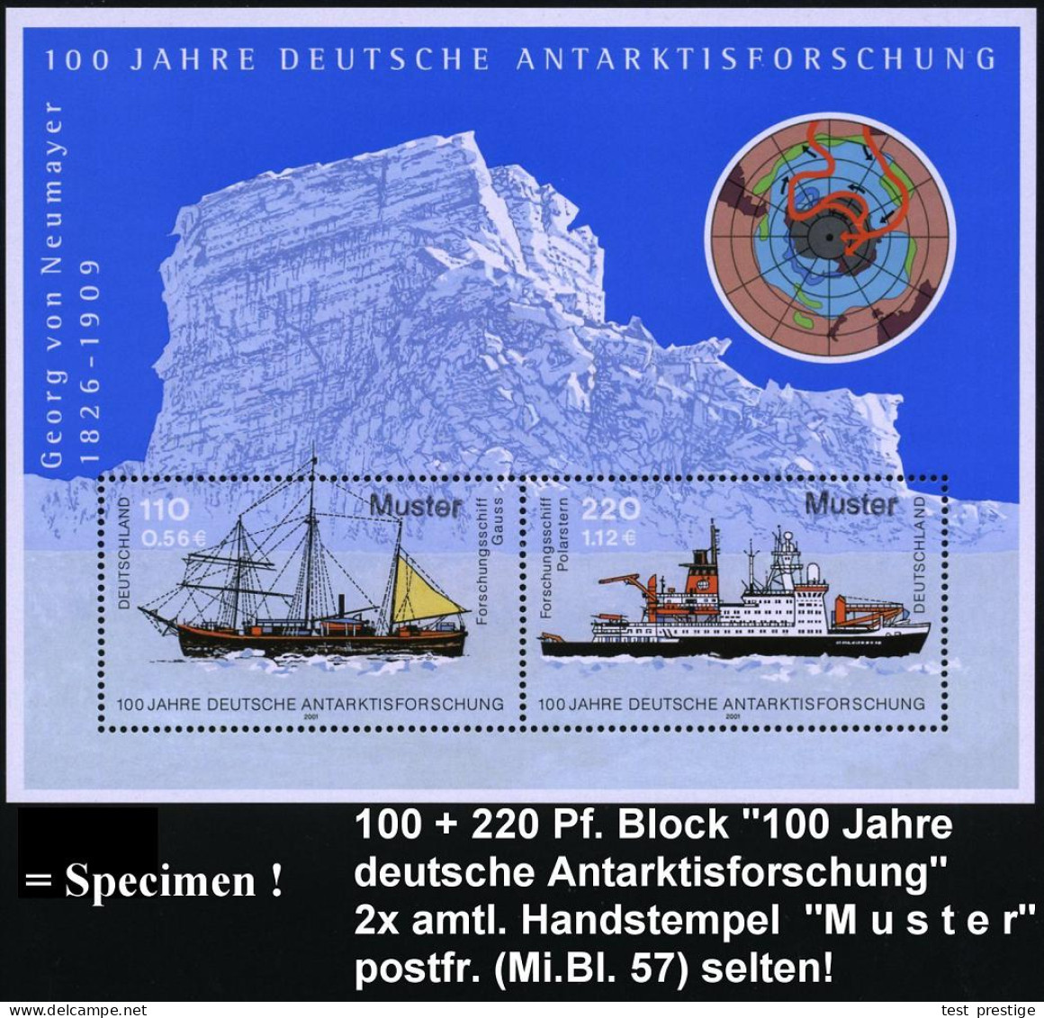 B.R.D. 2001 (Nov.) 110 Pf. + 220 Pf. "100 Jahre Deutsche Antarktisforschung", Block, Jede Marke Mit Amtl. Handstempel  " - Antarktis-Expeditionen