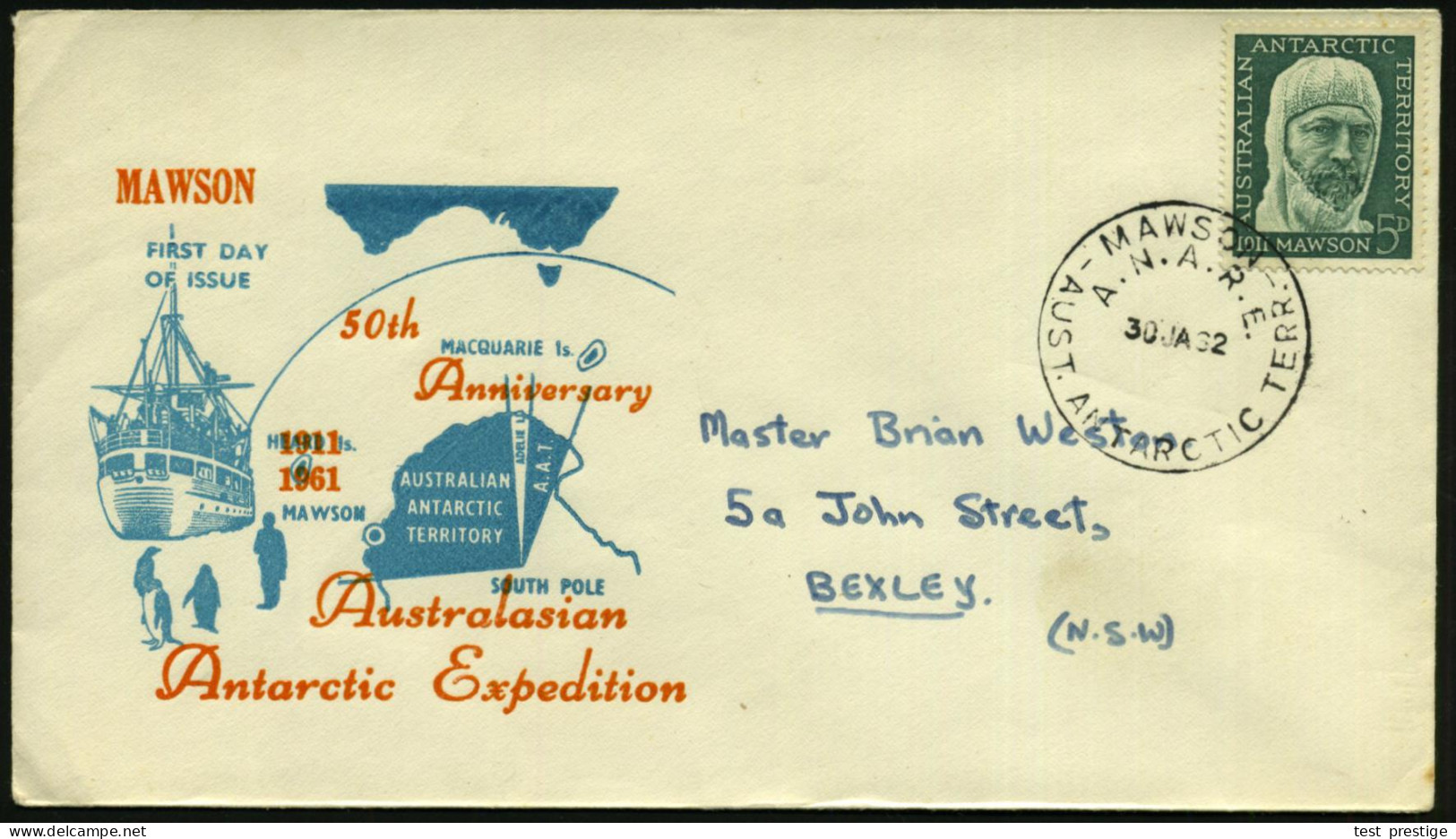 AUSTRAL.ANTARKTIS 1962 (30.1.) 5 P.. Mawson 1911, EF + 1K: MAWSON/A.N.A.R.E./AUST. ANTARCTIC TERR. , Klar Gest. Übersee- - Expéditions Antarctiques