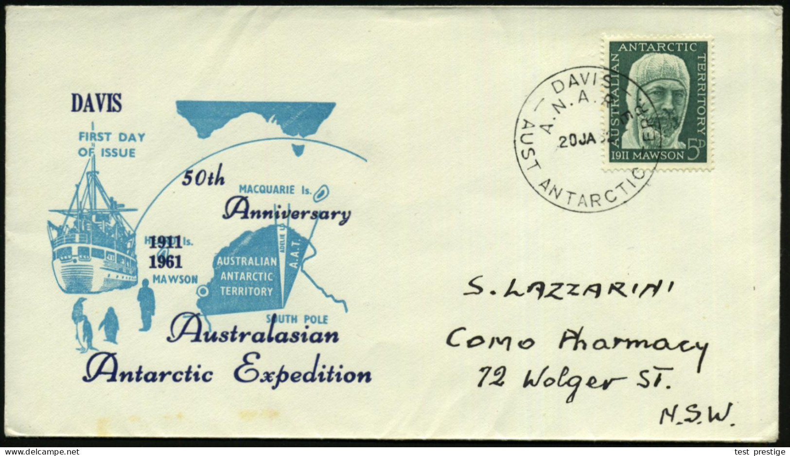 AUSTRAL.ANTARKTIS 1962 (20.1.) 5 P. Mawson 1911, EF + 1K: DAVIS/A.N.A.R.E./AUST ANTARCTIC TERR , Klar Gest. Übersee-SU.  - Antarktis-Expeditionen