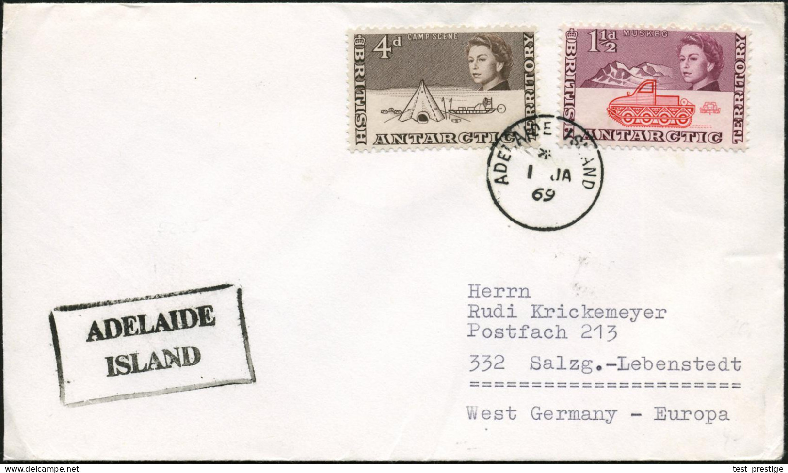 BRITISCHE ANTARKTIS 1969 (1.1.) 1K: ADELAIDE ISLAND + Ra.2: ADELAIDE/ISLAND , Klar Gest. Übersee-Bf. (Mi.3, 7) - ANTARKT - Antarctic Expeditions