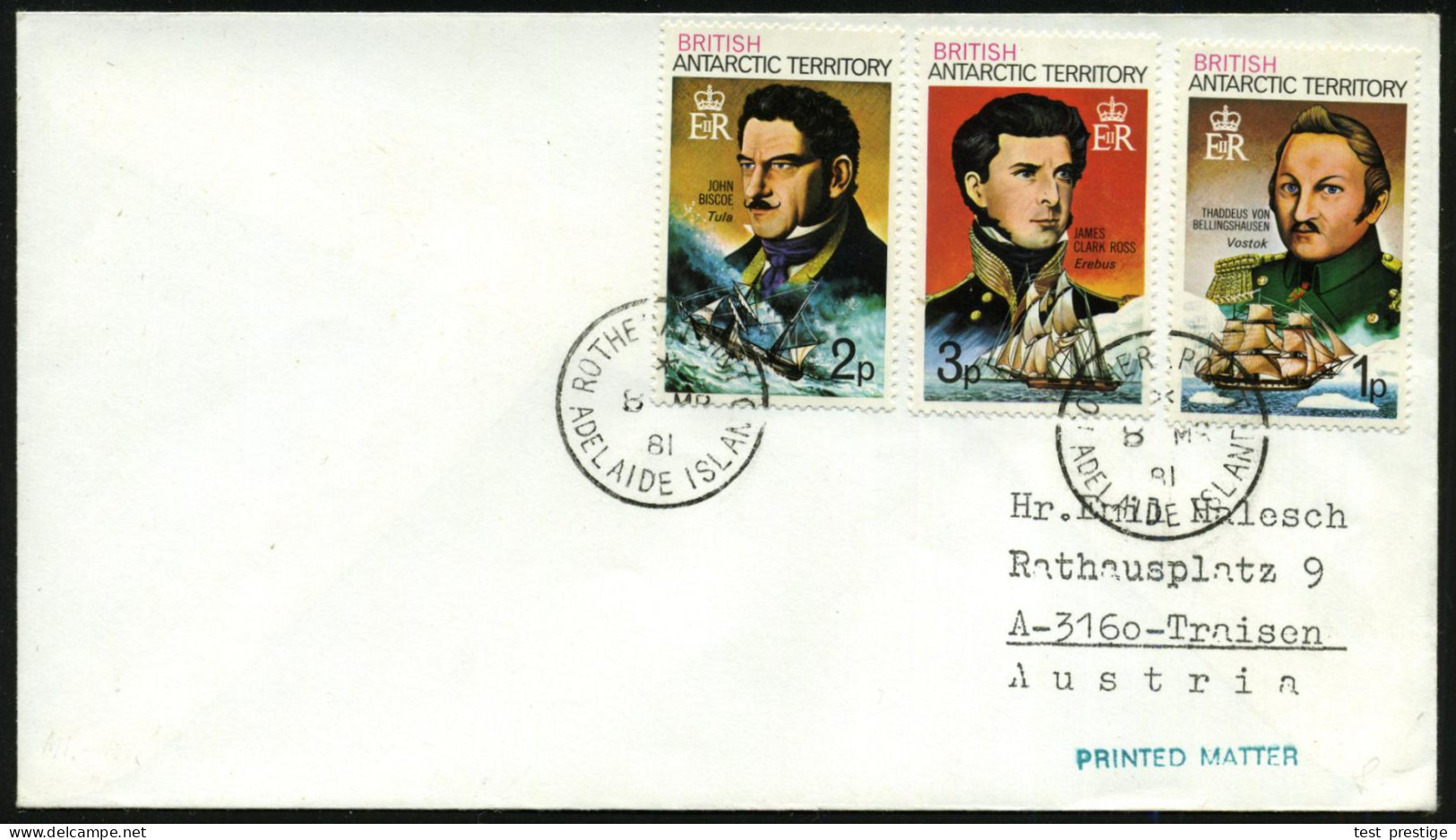 BRITISCHE ANTARKTIS 1981 (8.3.) Entdecker 1 P. V.Bellinghausen, 2 P. J. Biscoe U. 3 P. Ross, Satzreine Frankat. , 2x 1K: - Expéditions Antarctiques