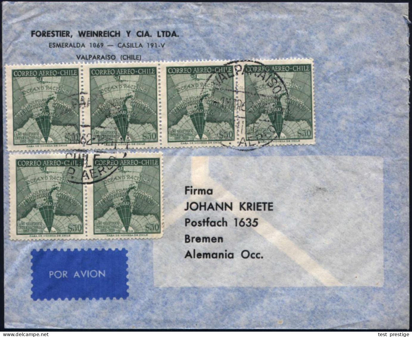 CHILE 1962 (1.3.) 50 C. "Int. Geophysikal. Jahr", Reine MeF: Paar + 4er-Block = Antaktische Gebiete , Sauber Gest. Übers - Expediciones Antárticas