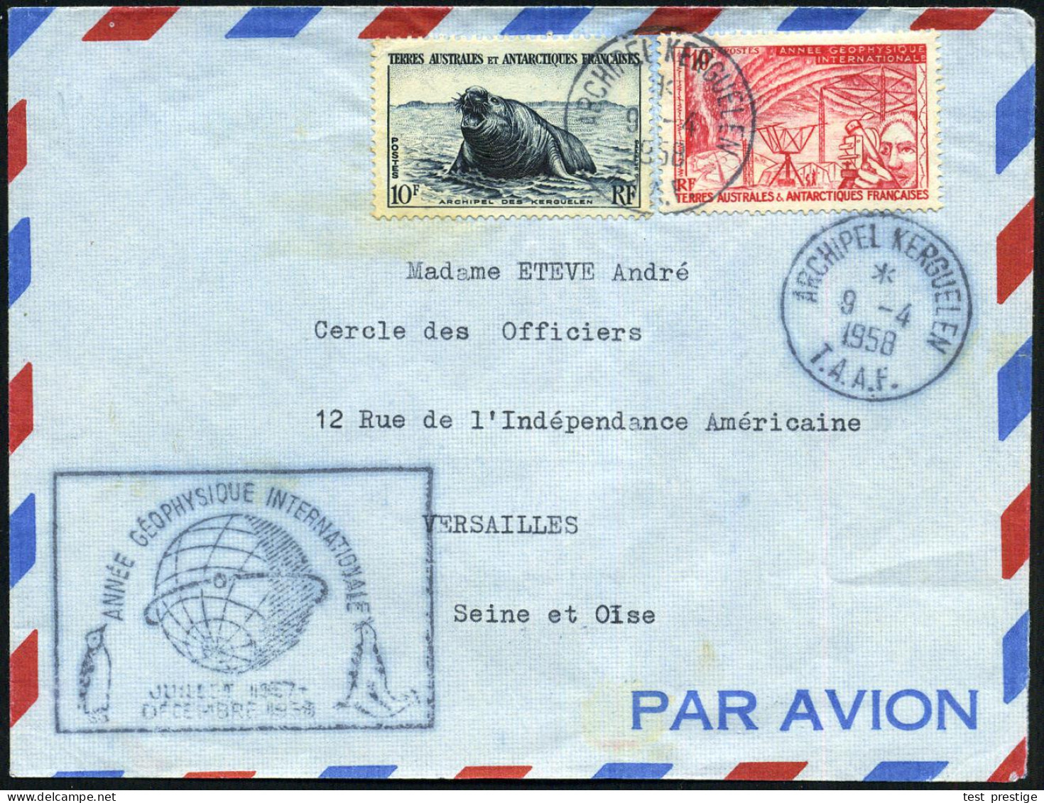 FRANZÖS.ANTARKTIS 1958 (9.4.) 1K: ARCHIPEL KERGUELEN/T.A.A.F. + Amtl. HdN: ANNEE GEOPHYSIQUE INTERNATIONALE (Globus, Pin - Antarctic Expeditions