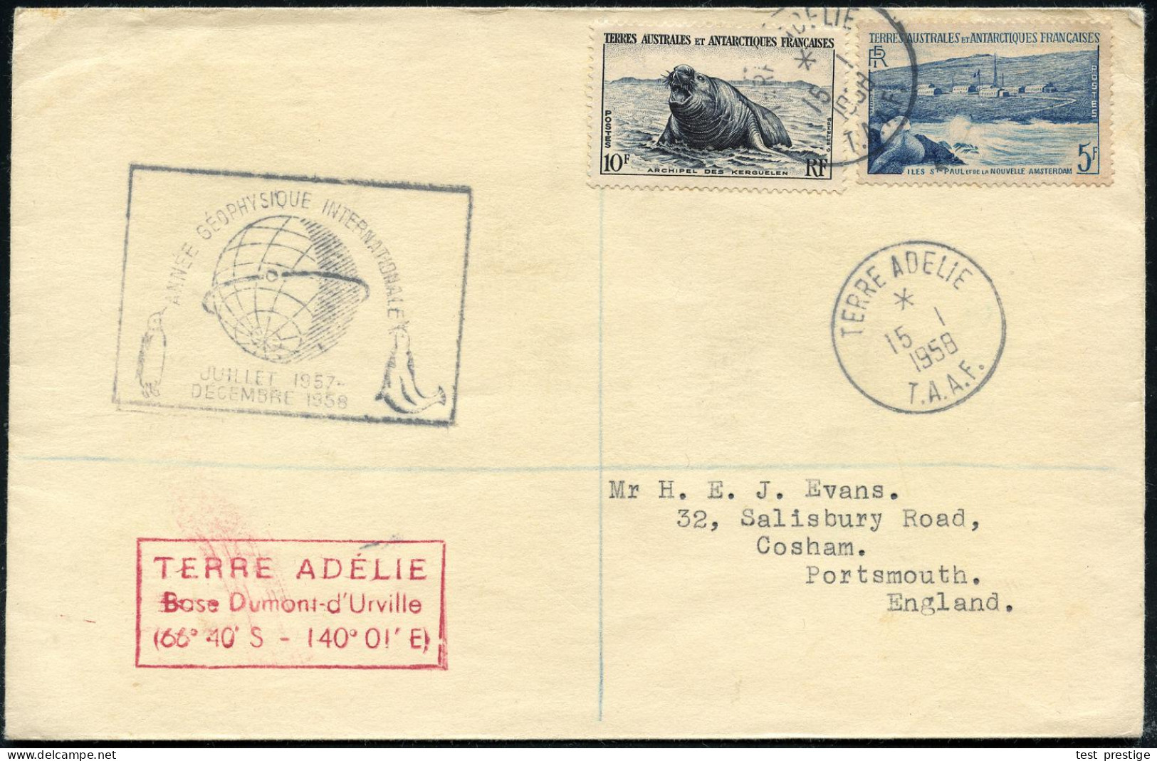 FRANZÖS.ANTARKTIS 1958 (15.1.) 1K: TERRE ADELIE/T.A.A.F. + Amtl. HdN: ANNEE GEOPHYSIQUE INTERNATIONALE. (Globus, Pinguin - Expéditions Antarctiques