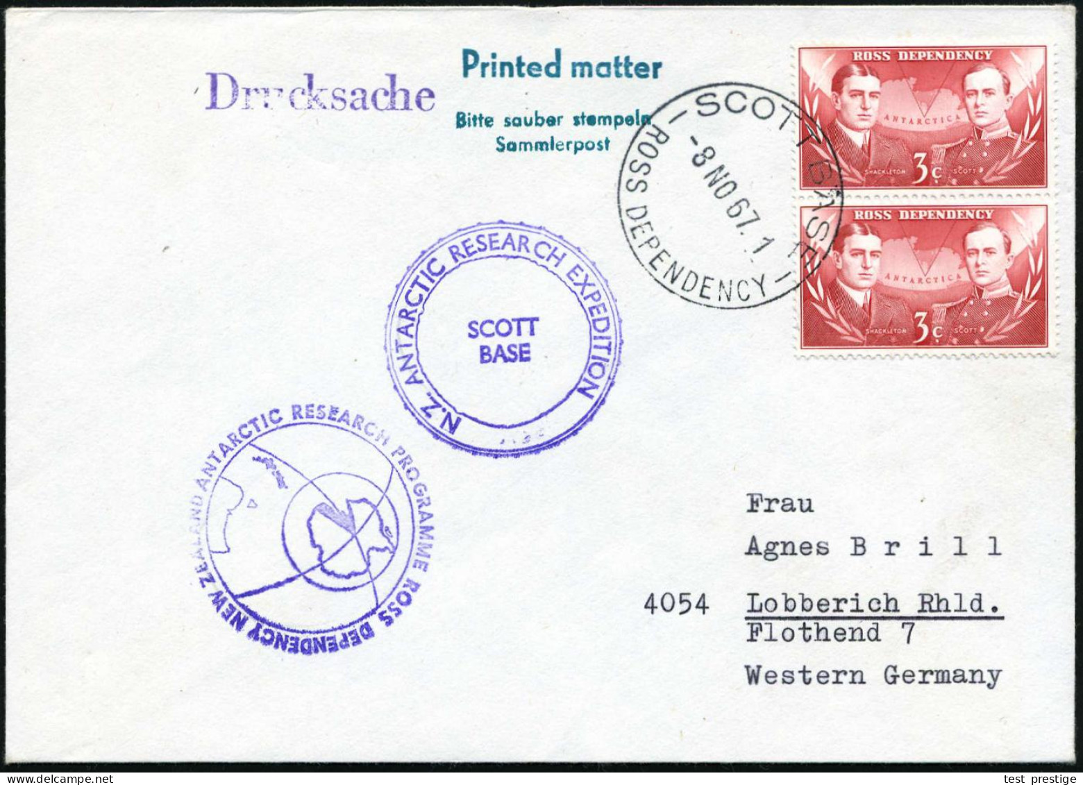 ROSS-GEBIET 1967 (8.11.) 1K: SCOTT BASE/ROSS DEPENDENCY Auf Paar 3 C. Shackelton/Ross + 2 Verschied., Viol. HdN: SCOTT/  - Expéditions Antarctiques