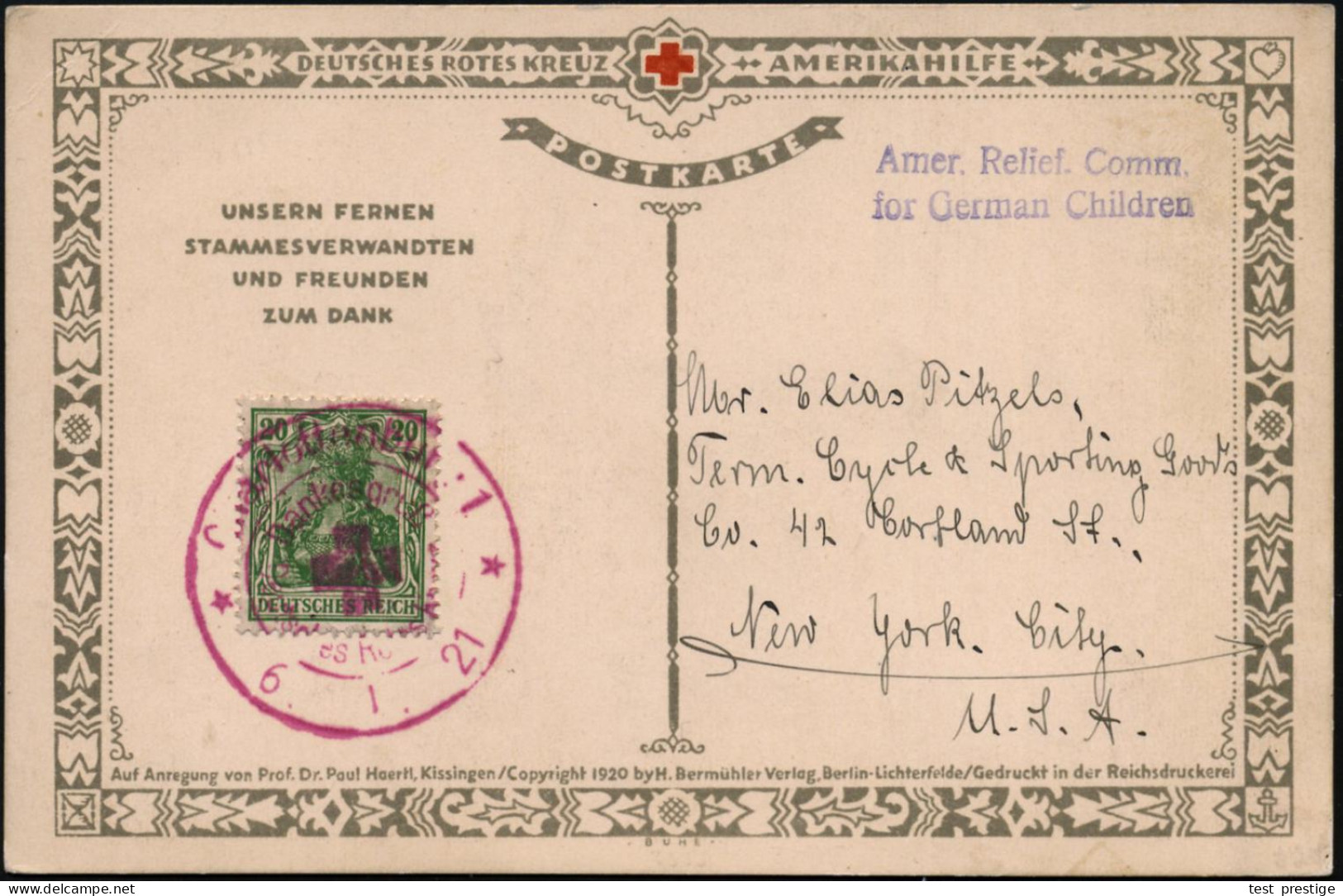 Berlin-Charlottenburg 1921 (6.1.) Seltener Viol. SSt.: Charlottenburg  1/Dankesgruß/Deutsches Rotes Kreuz Auf EF 20 Pf.  - Rotes Kreuz