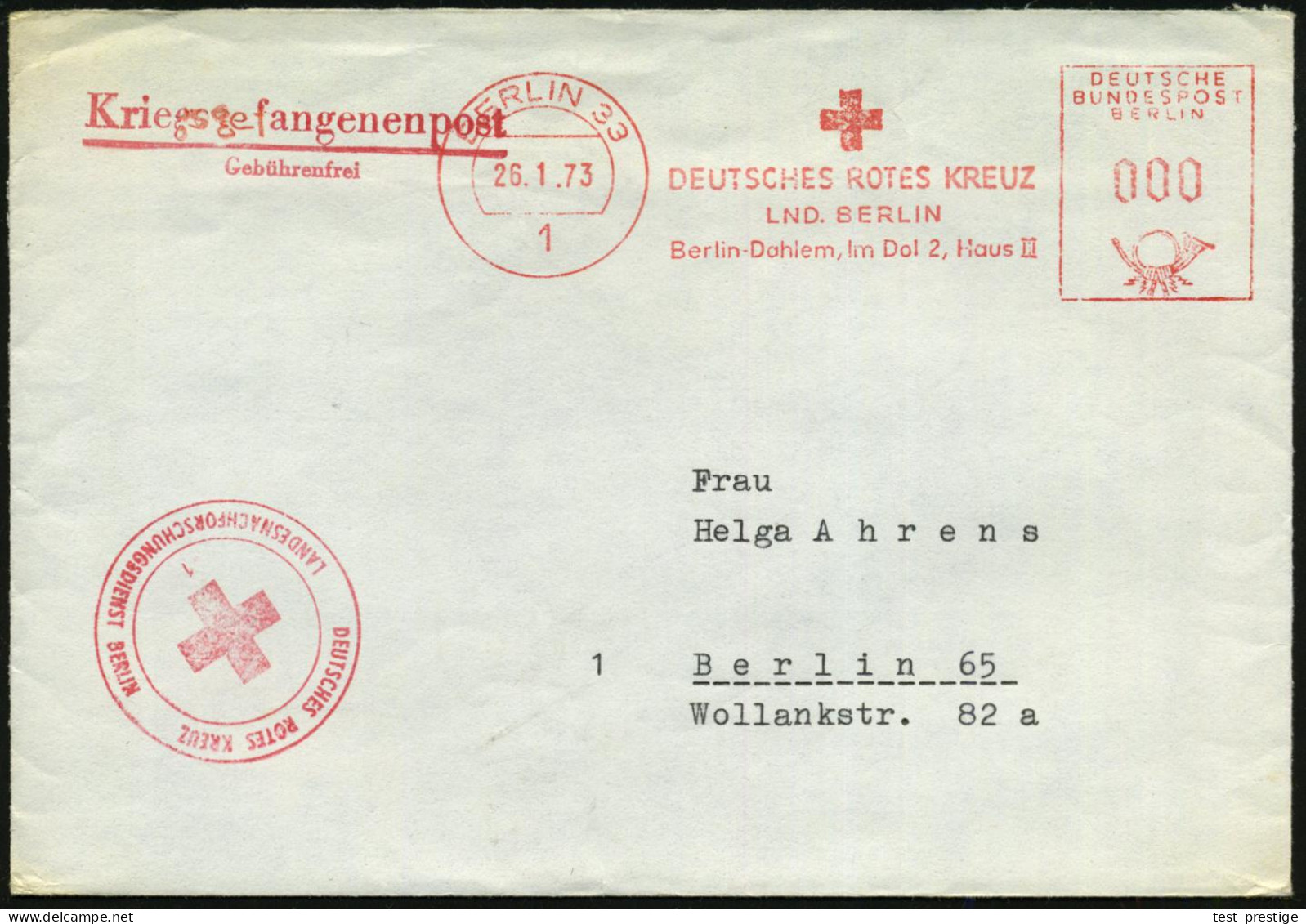 1 BERLIN 33/ DRK/ LND.BERLIN.. 1973 (26.1.) AFS Francotyp 000, Da Gebührenfrei + Roter 2L: Kriegsgefangnenpost/ Gebühren - Red Cross