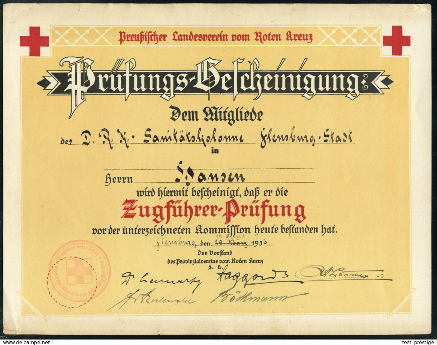 Flensburg 1936 (19.4.) Prüfungs-Bescheinigung, Preuß. Landesverein Vom Roten Kreuz (zweifarbig Rot/gelb) 2x Rotes Kreuz  - Croix-Rouge