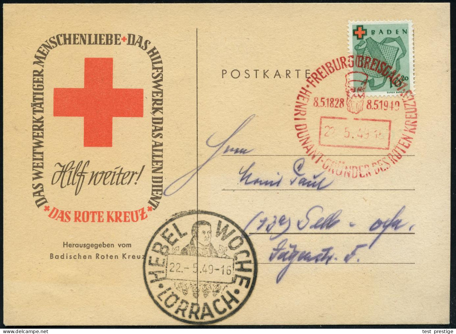 FREIBURG (BREISGAU)/ HENRI DUNANT-GRÜNDER DES ROTEN KREUZES 1949 (8.5.) Seltener , Roter SSt = Kopfbild H. Dunant Auf EF - Red Cross