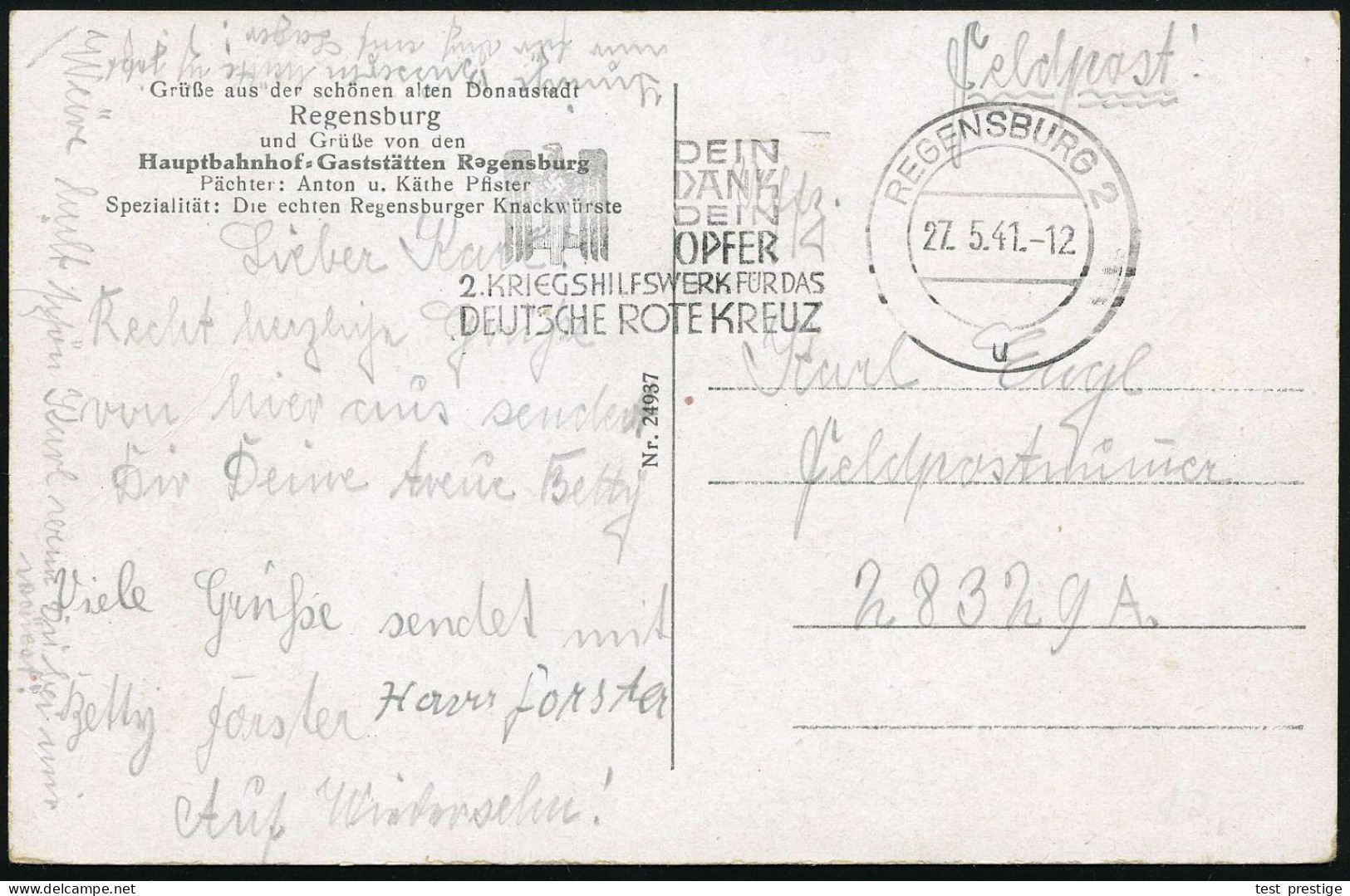 REGENSBURG 2/ U/ DEIN/ DANK/ DEIN/ OPFER/ 2.KRIEGSHILFSWERK FÜR DAS/ DRK 1941 (27.5.) MWSt (NS-DRK-Logo) Klar Gest . Fel - Cruz Roja