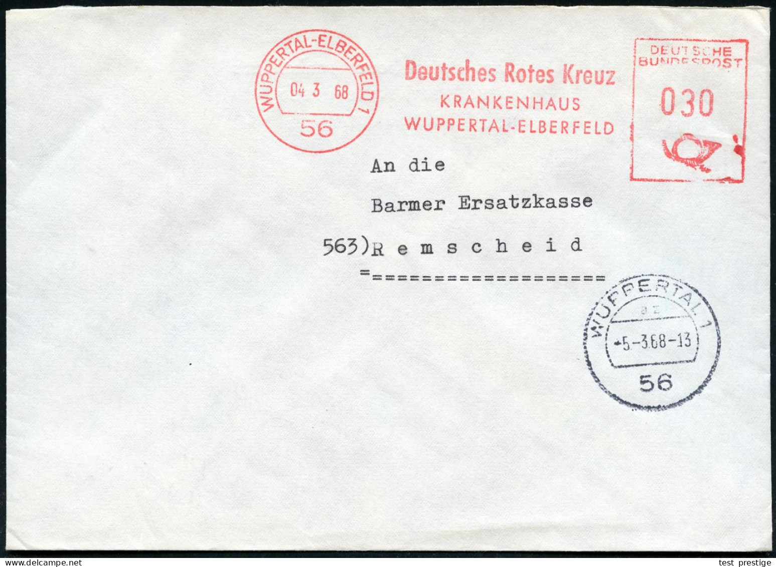 56 WUPPERTAL-ELBERFELD 1/ Deutsches Rotes Kreuz/ KRANKENHAUS.. 1968 (4.3.) AFS + 1K-Segment: 56 WUPPERTAL 1/az , Rs. Abs - Croix-Rouge